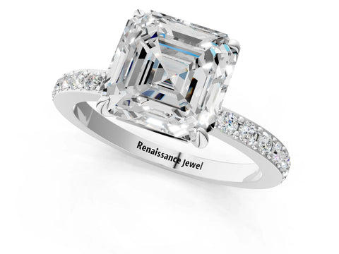 White gold Asscher Cut Diamond Pavé Engagement Ring with Round with Moissanite side stone Accents and Prong Setting_25