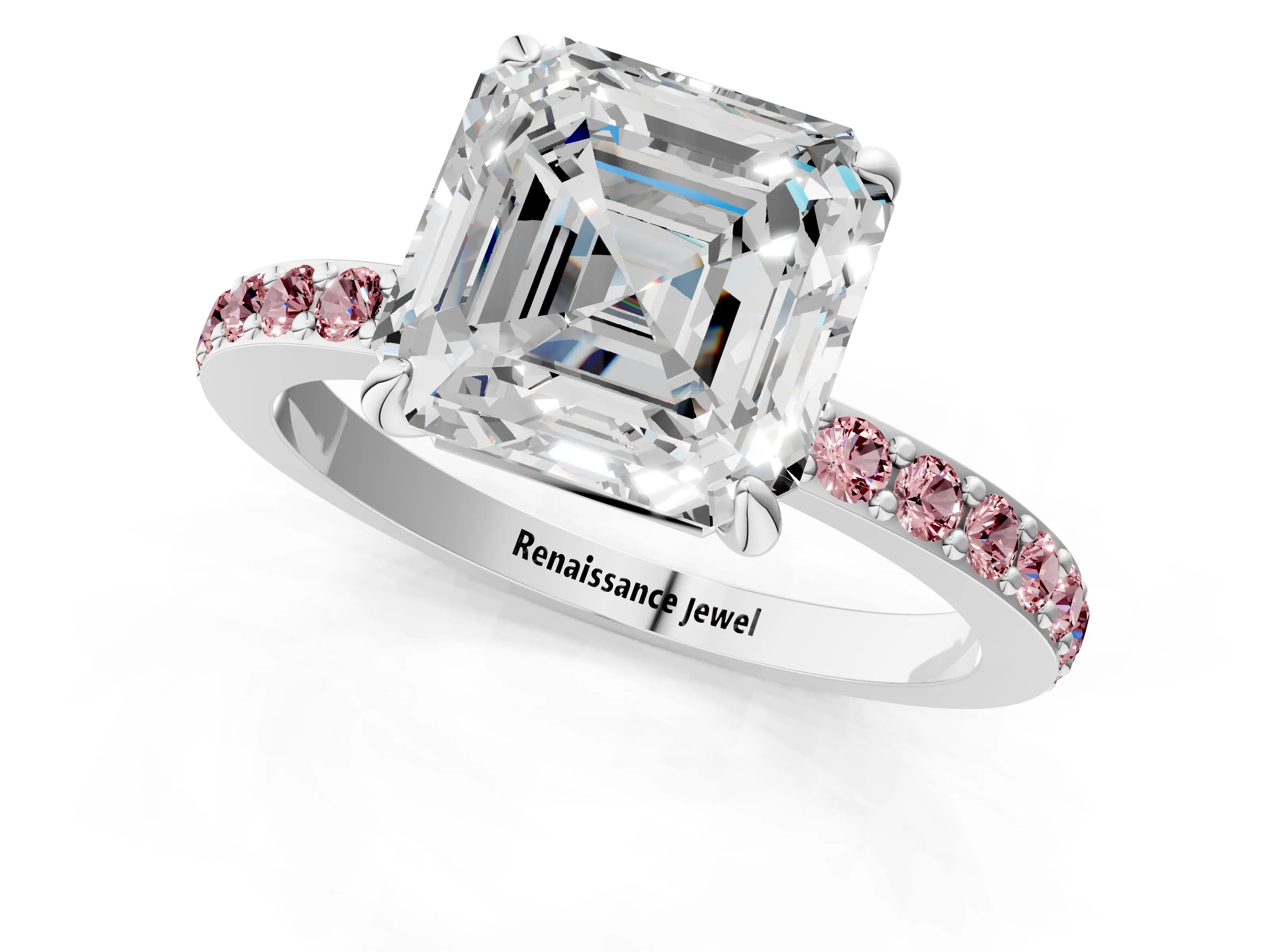 White gold Asscher Cut Diamond Pavé Engagement Ring with Round with Morganite side stone Accents and Prong Setting_1