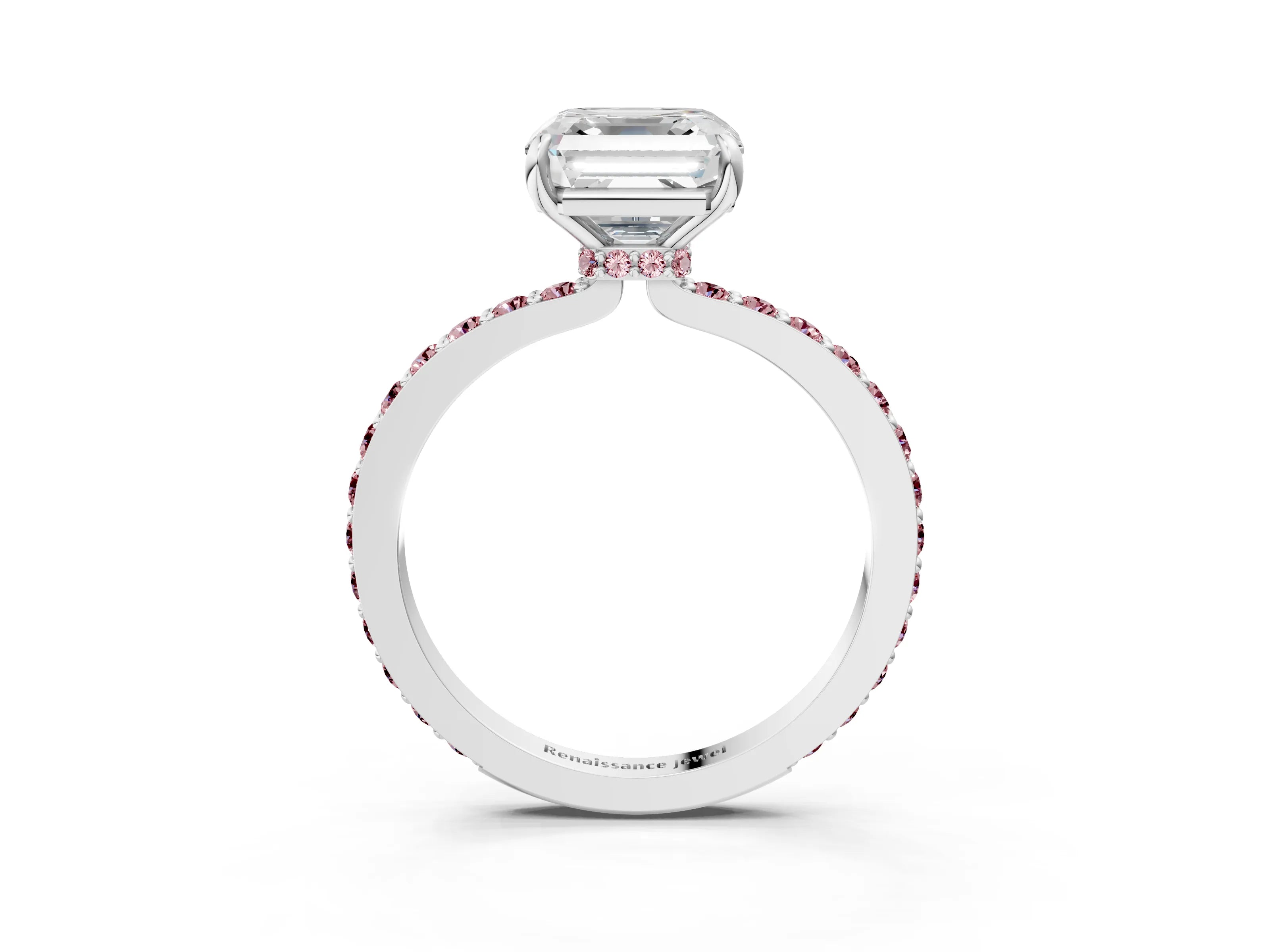 White gold Asscher Cut Diamond Pavé Engagement Ring with Round with Morganite side stone Accents and Prong Setting_3