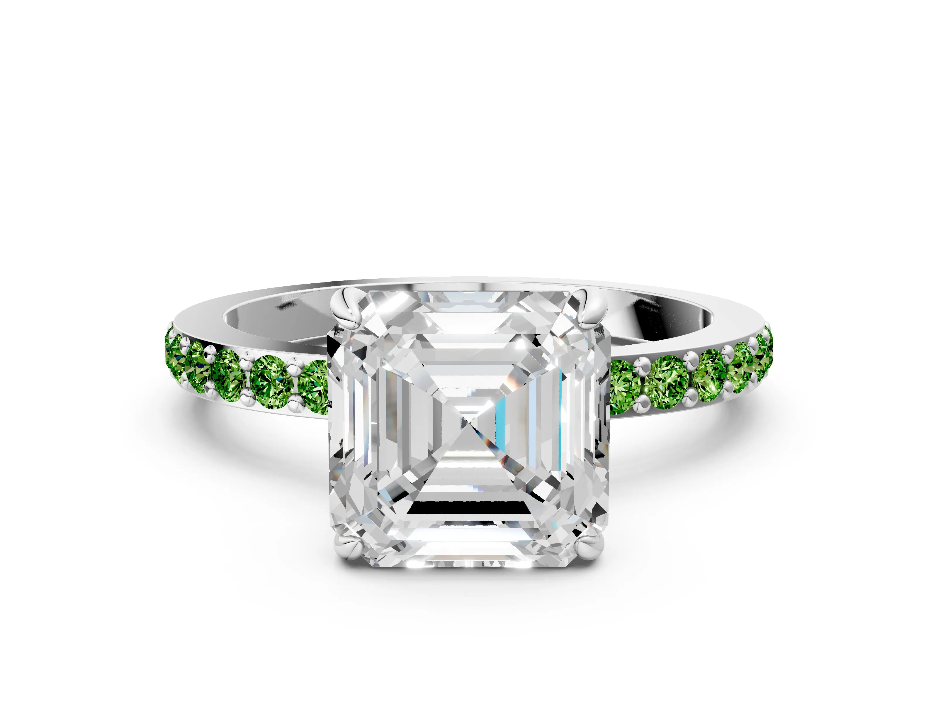 White gold Asscher Cut Diamond Pavé Engagement Ring with Round with Peridot side stone Accents and Prong Setting_12