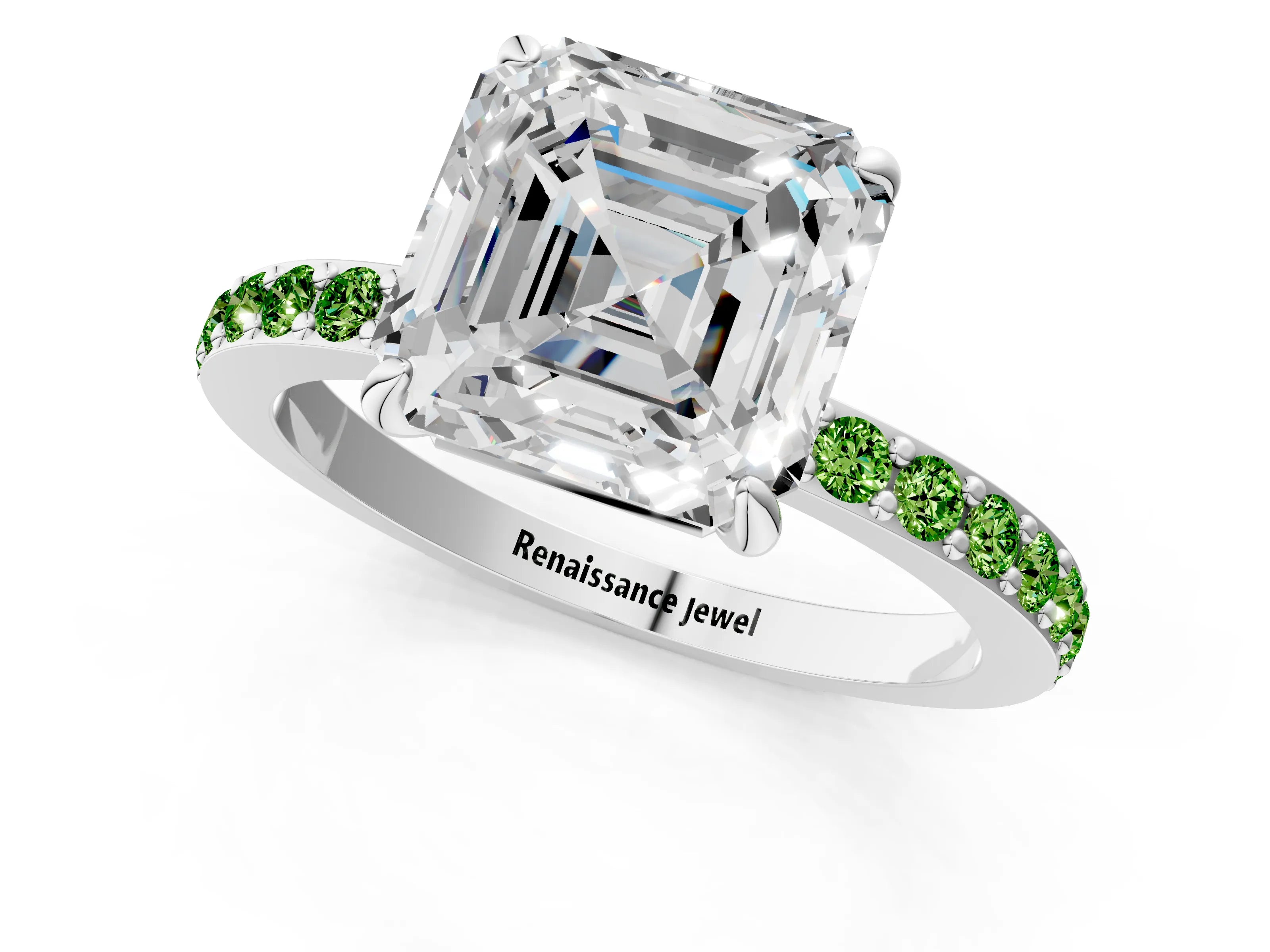 White gold Asscher Cut Diamond Pavé Engagement Ring with Round with Peridot side stone Accents and Prong Setting_13