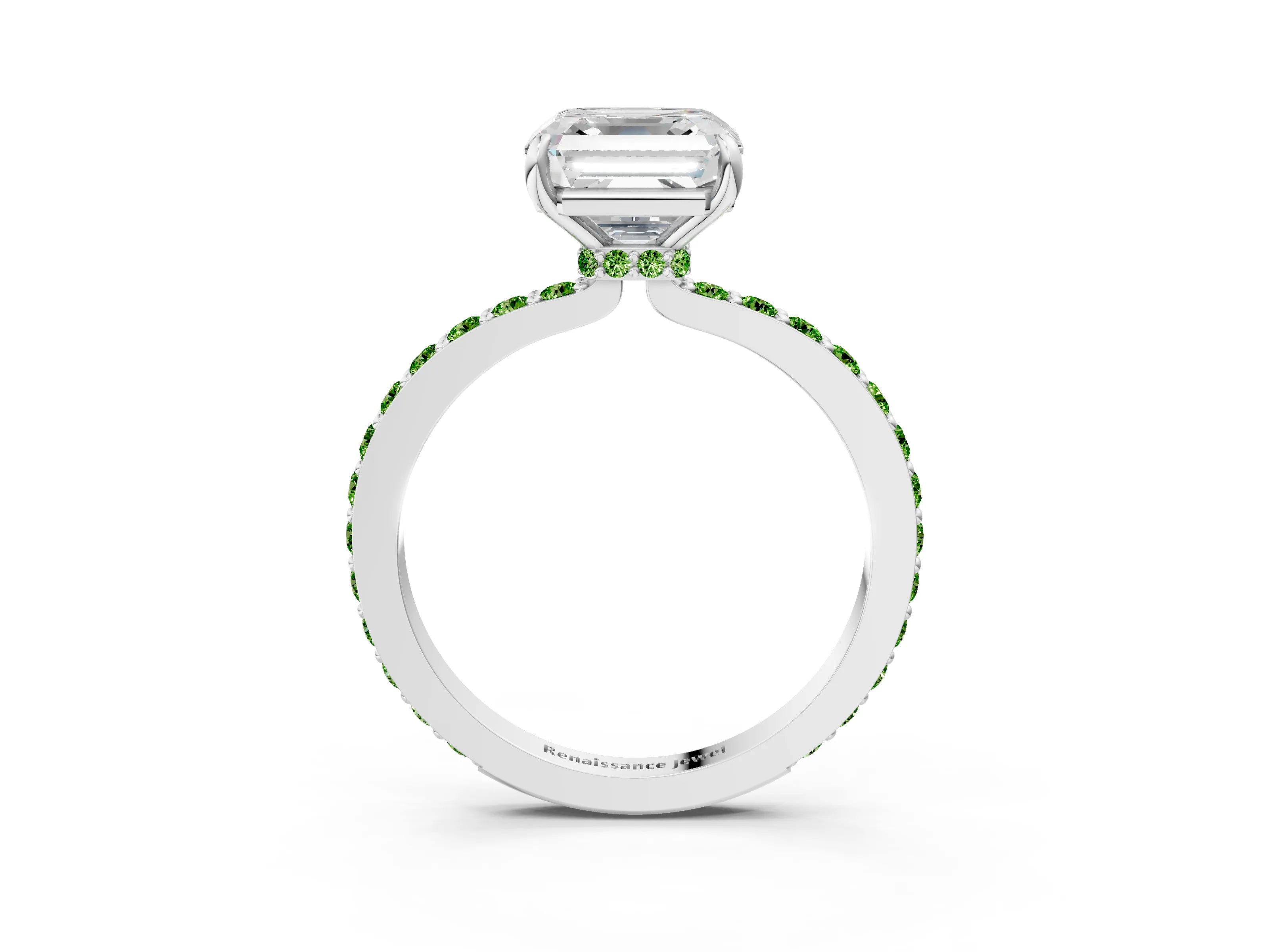 White gold Asscher Cut Diamond Pavé Engagement Ring with Round with Peridot side stone Accents and Prong Setting_15