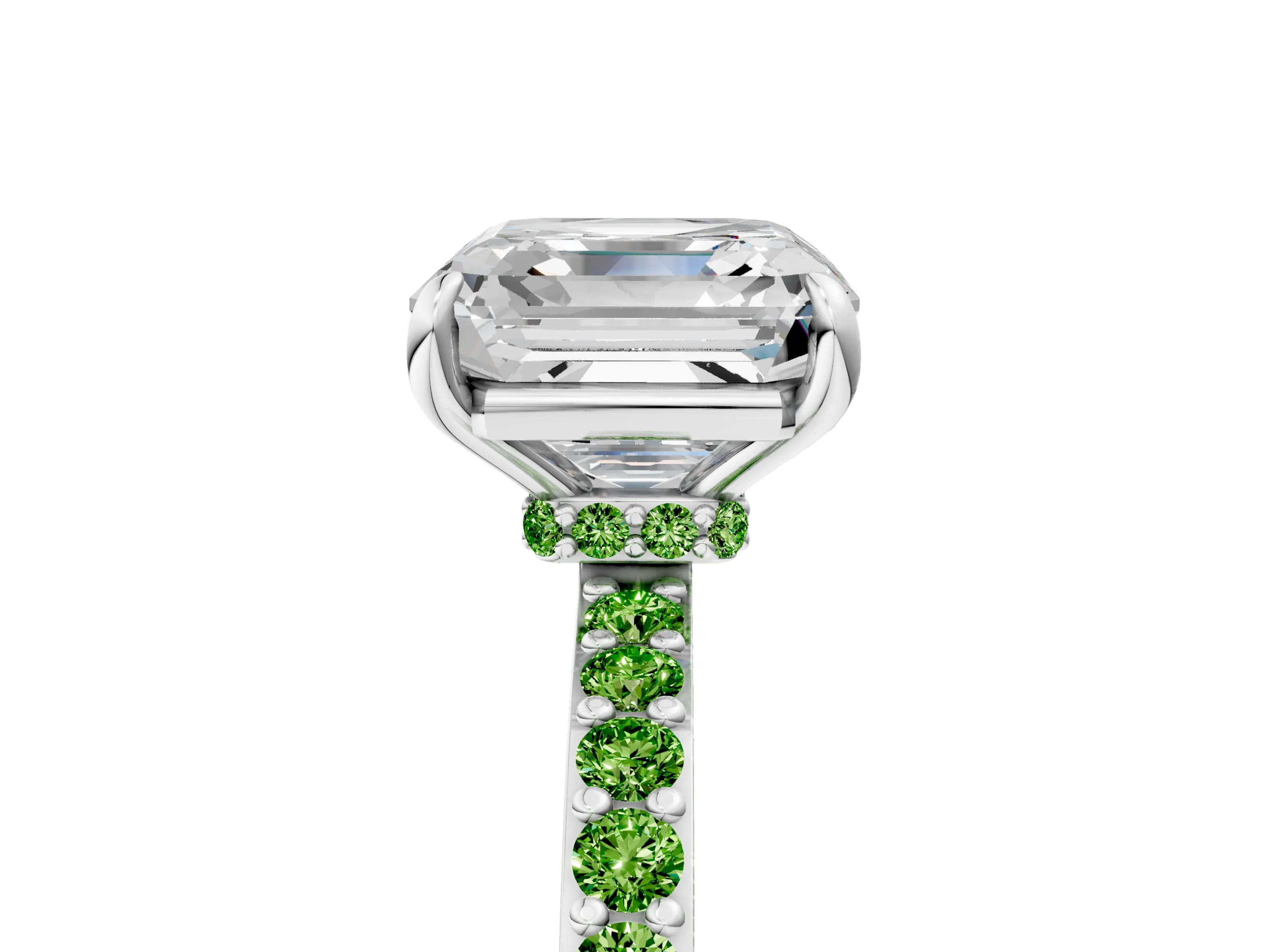 White gold Asscher Cut Diamond Pavé Engagement Ring with Round with Peridot side stone Accents and Prong Setting_17