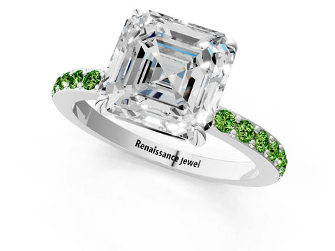 White gold Asscher Cut Diamond Pavé Engagement Ring with Round with Peridot side stone Accents and Prong Setting_1
