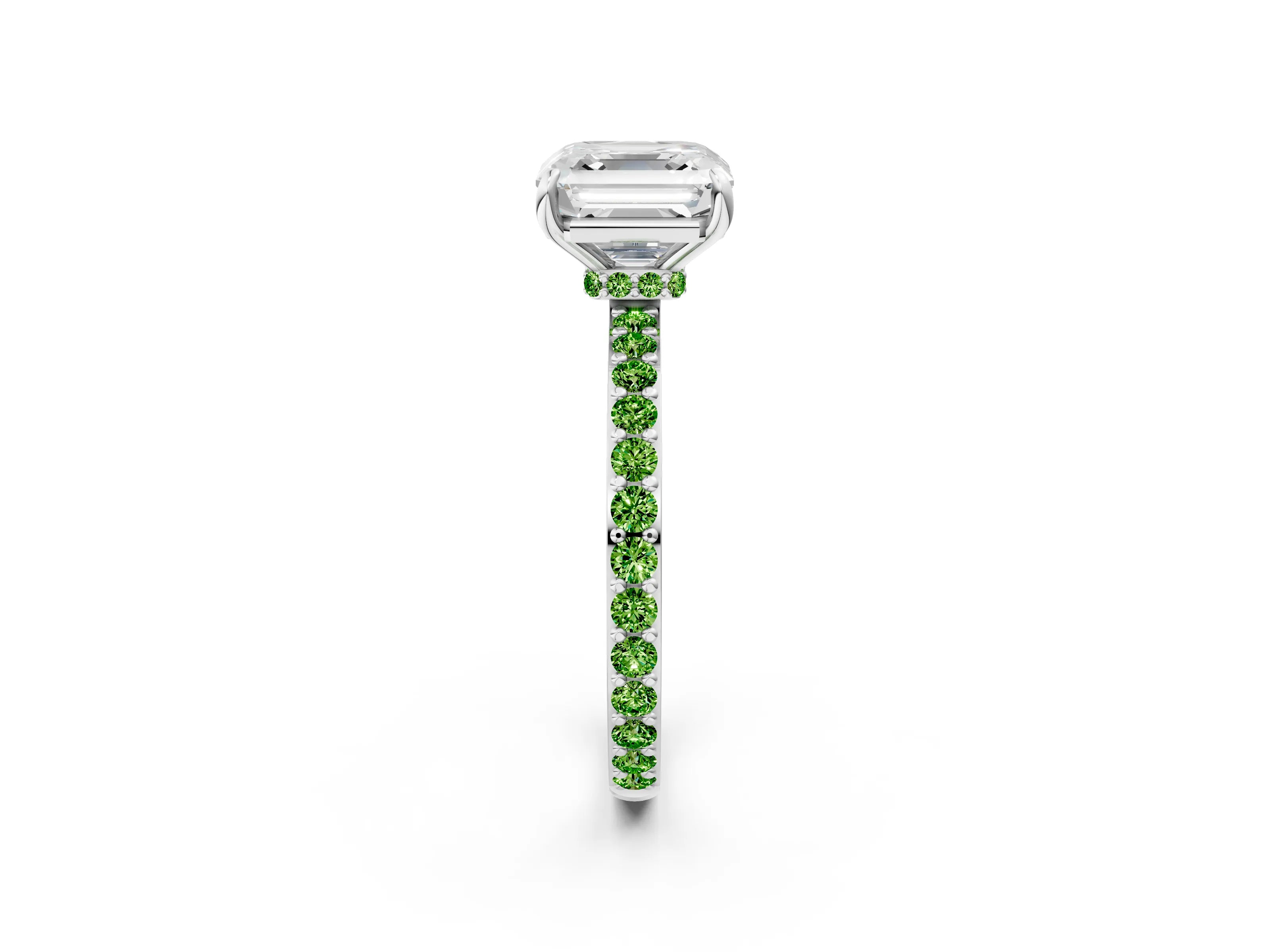 White gold Asscher Cut Diamond Pavé Engagement Ring with Round with Peridot side stone Accents and Prong Setting_2