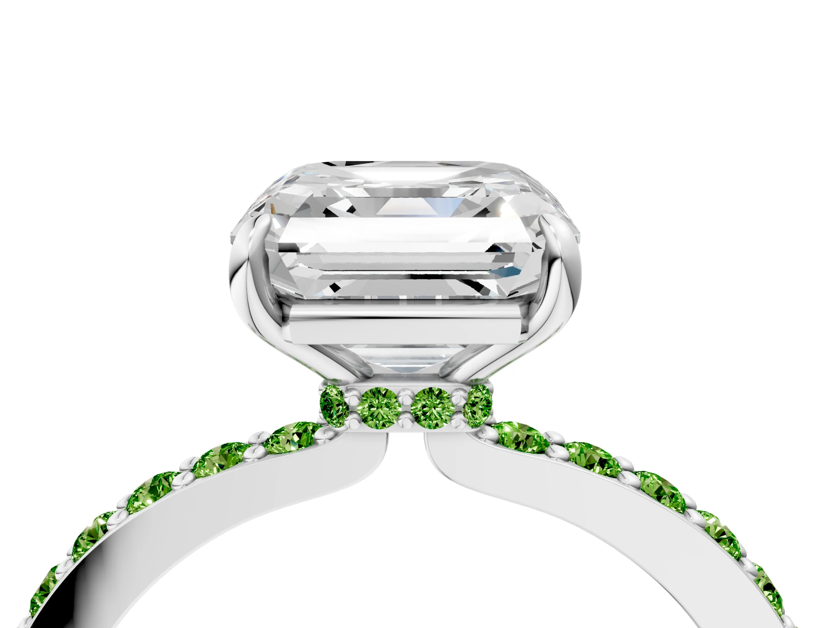 White gold Asscher Cut Diamond Pavé Engagement Ring with Round with Peridot side stone Accents and Prong Setting_4