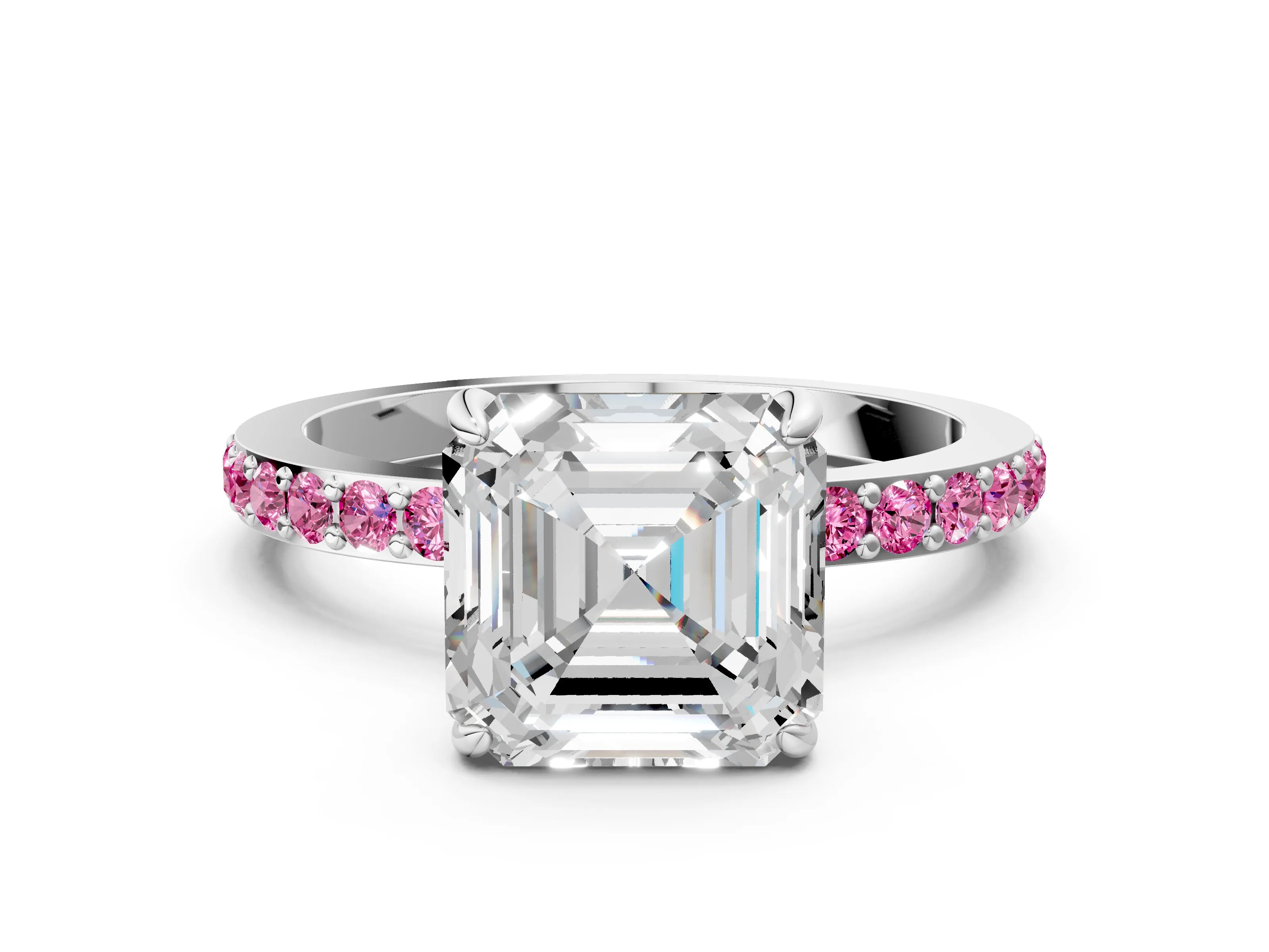 White gold Asscher Cut Diamond Pavé Engagement Ring with Round with Pink Sapphire side stone Accents and Prong Setting