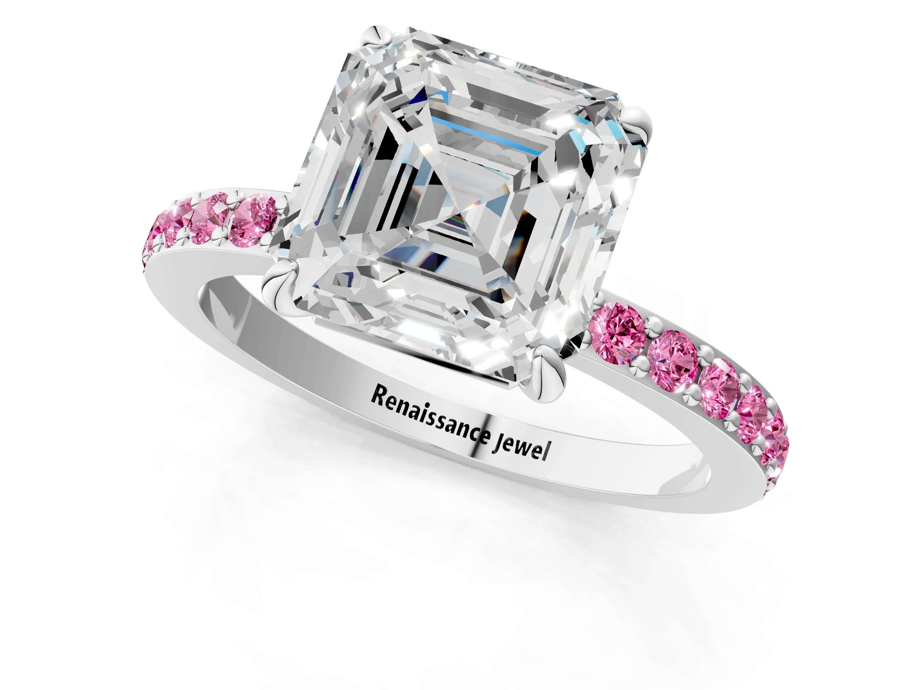 White gold Asscher Cut Diamond Pavé Engagement Ring with Round with Pink Sapphire side stone Accents and Prong Setting_1