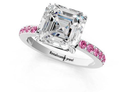 White gold Asscher Cut Diamond Pavé Engagement Ring with Round with Pink Sapphire side stone Accents and Prong Setting_1