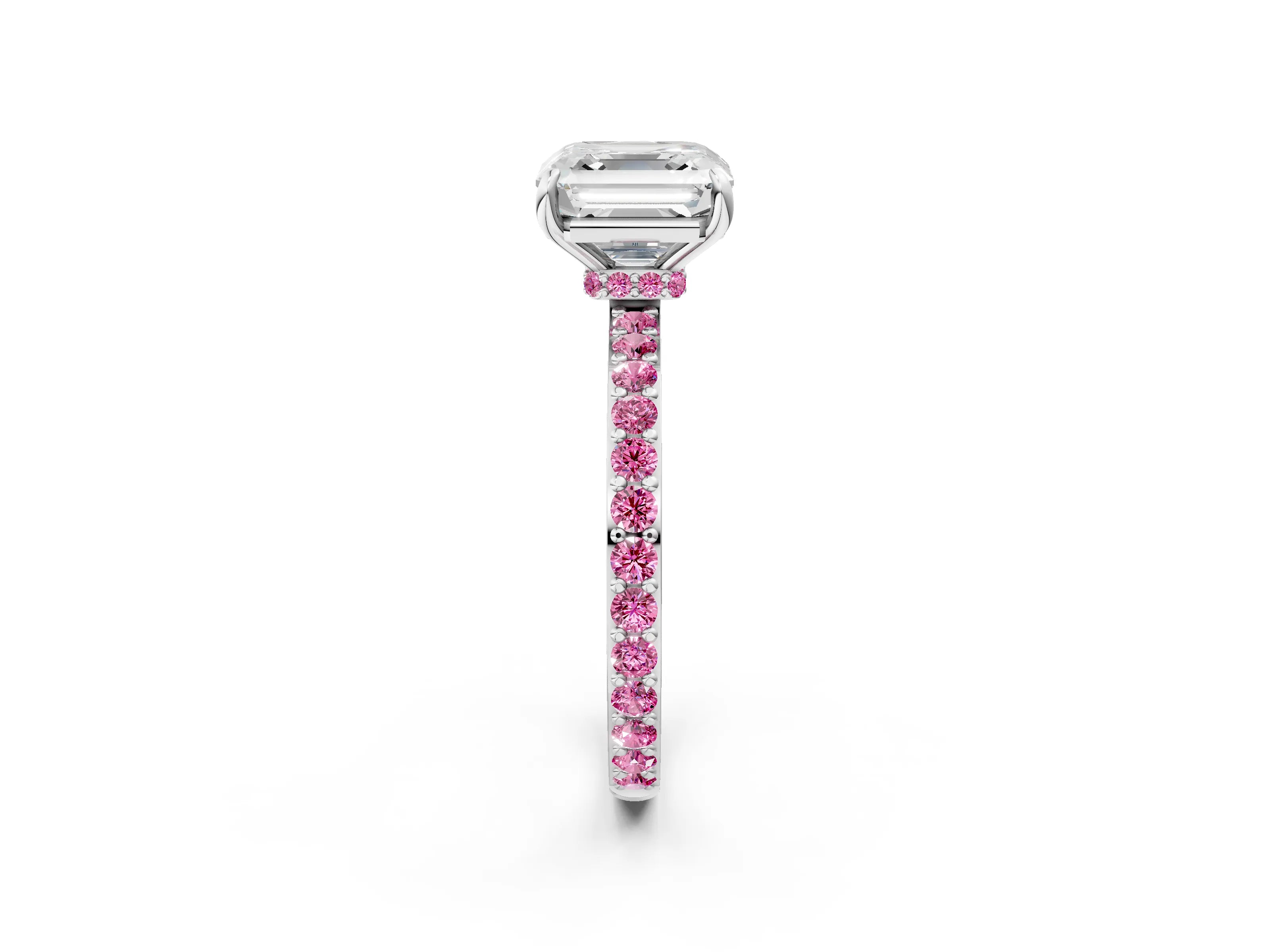White gold Asscher Cut Diamond Pavé Engagement Ring with Round with Pink Sapphire side stone Accents and Prong Setting_2