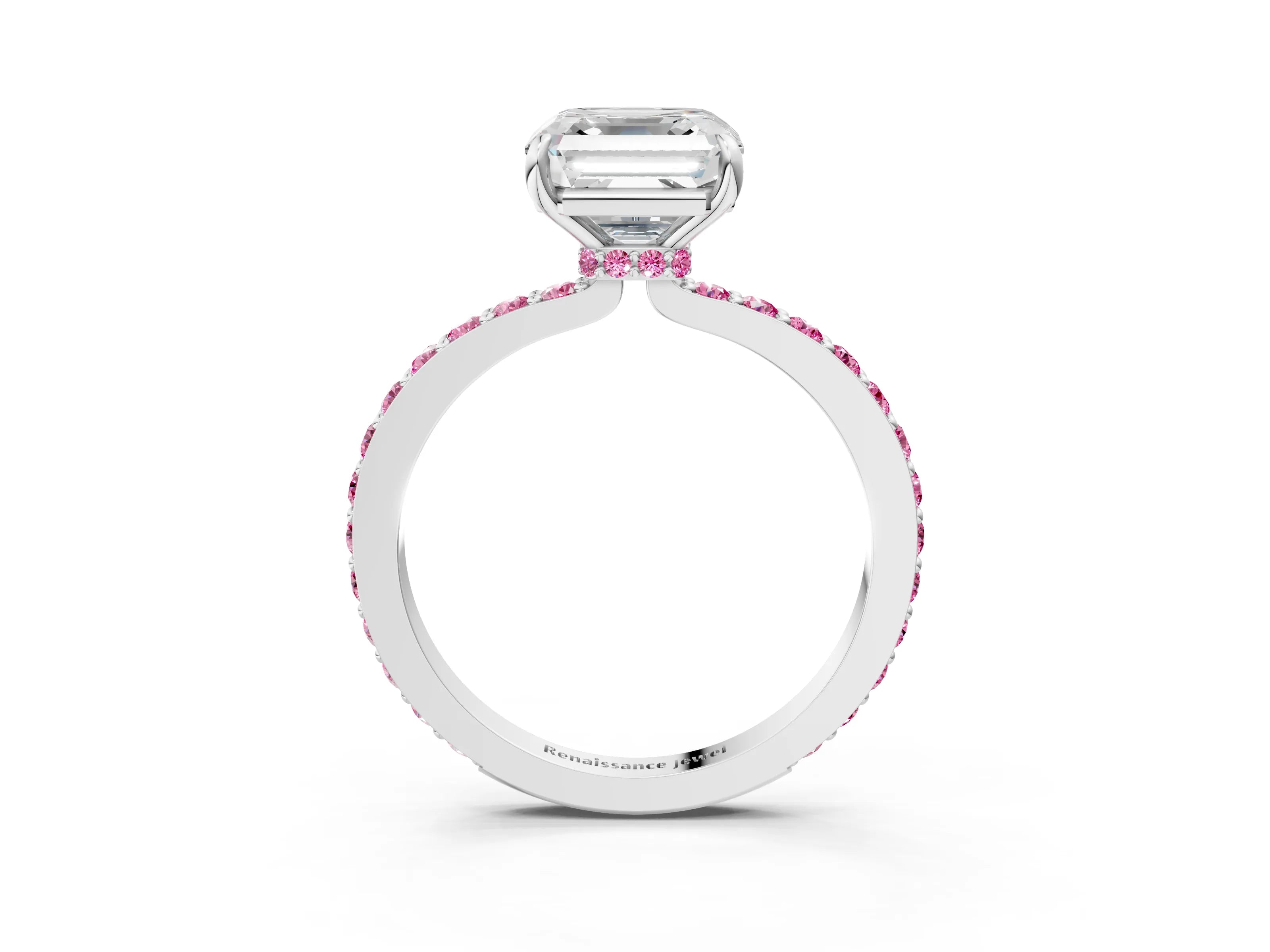 White gold Asscher Cut Diamond Pavé Engagement Ring with Round with Pink Sapphire side stone Accents and Prong Setting_3