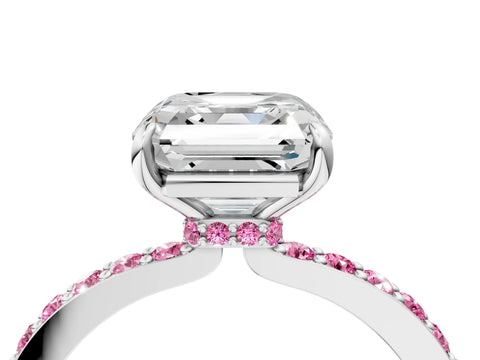 White gold Asscher Cut Diamond Pavé Engagement Ring with Round with Pink Sapphire side stone Accents and Prong Setting_4