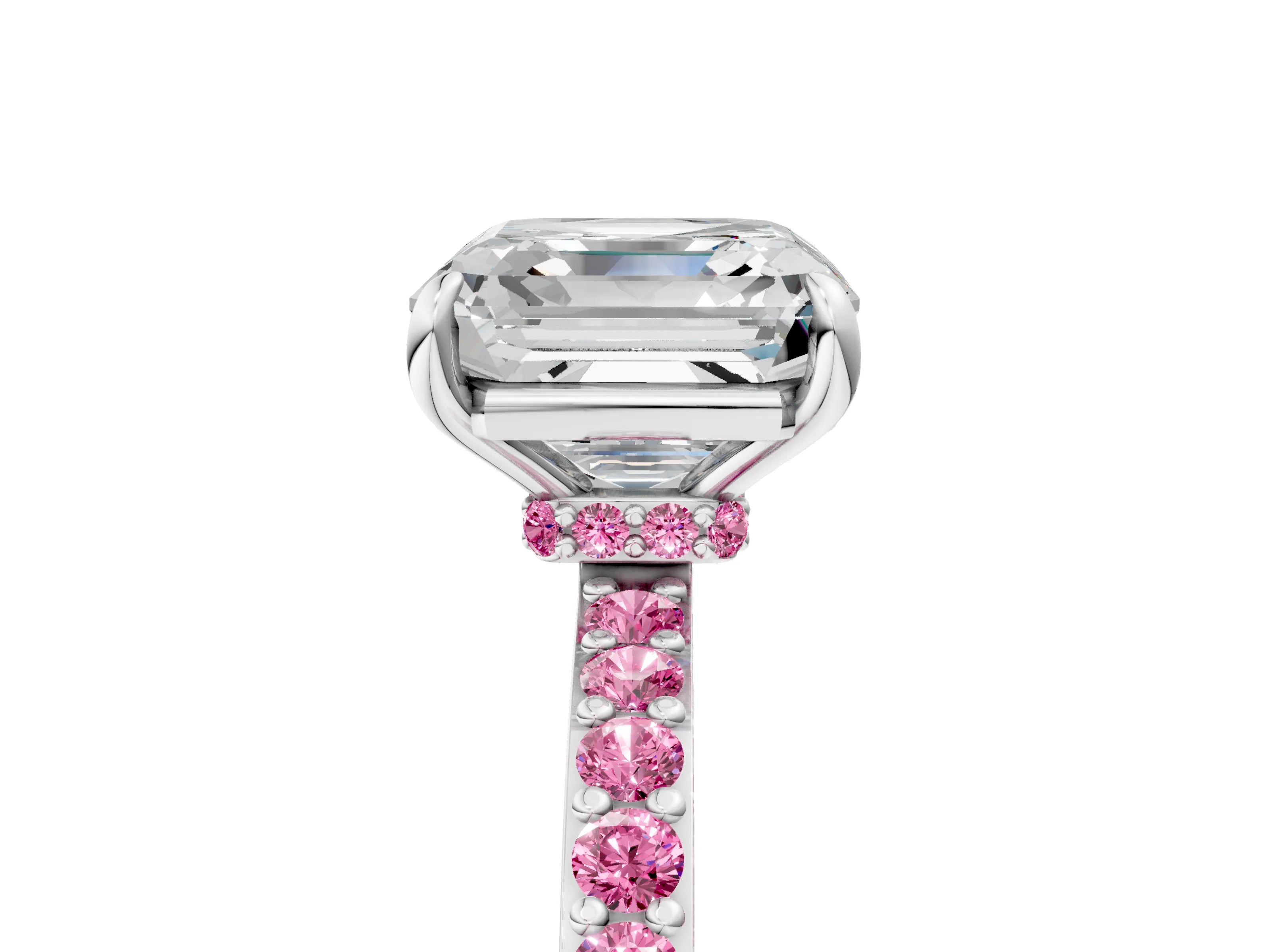 White gold Asscher Cut Diamond Pavé Engagement Ring with Round with Pink Sapphire side stone Accents and Prong Setting_5