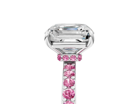 White gold Asscher Cut Diamond Pavé Engagement Ring with Round with Pink Sapphire side stone Accents and Prong Setting_5