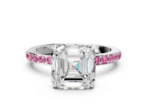 Sterling Silver Asscher Cut Engagement Ring Setting with Lab-Grown Pink Sapphire Pave Band