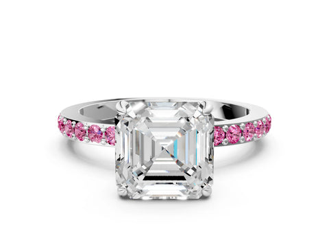 White gold Asscher Cut Diamond Pavé Engagement Ring with Round with Pink Sapphire side stone Accents and Prong Setting