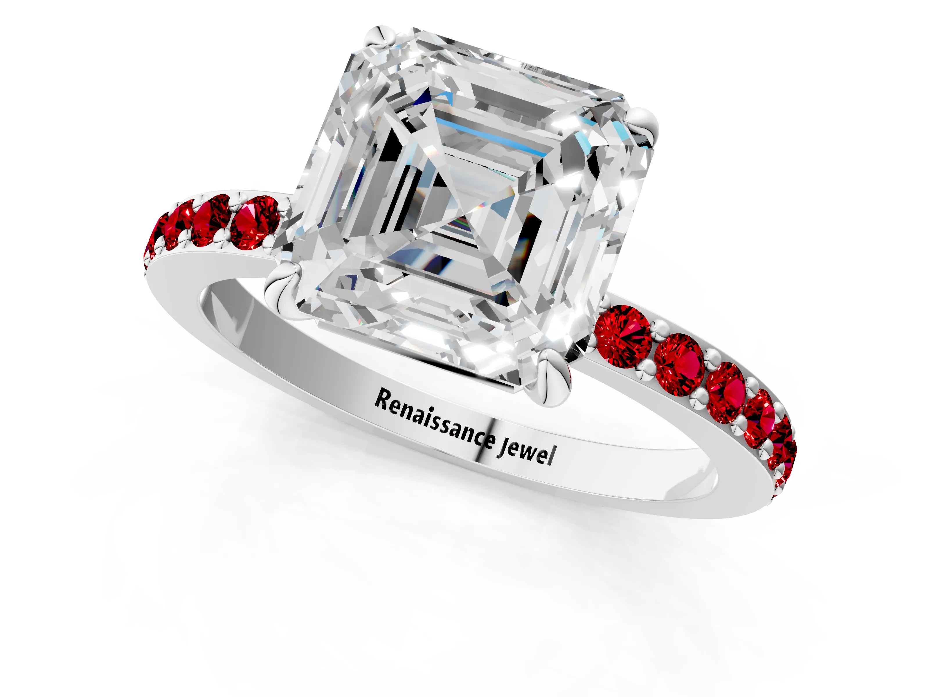 White gold Asscher Cut Diamond Pavé Engagement Ring with Round with Ruby side stone Accents and Prong Setting_1