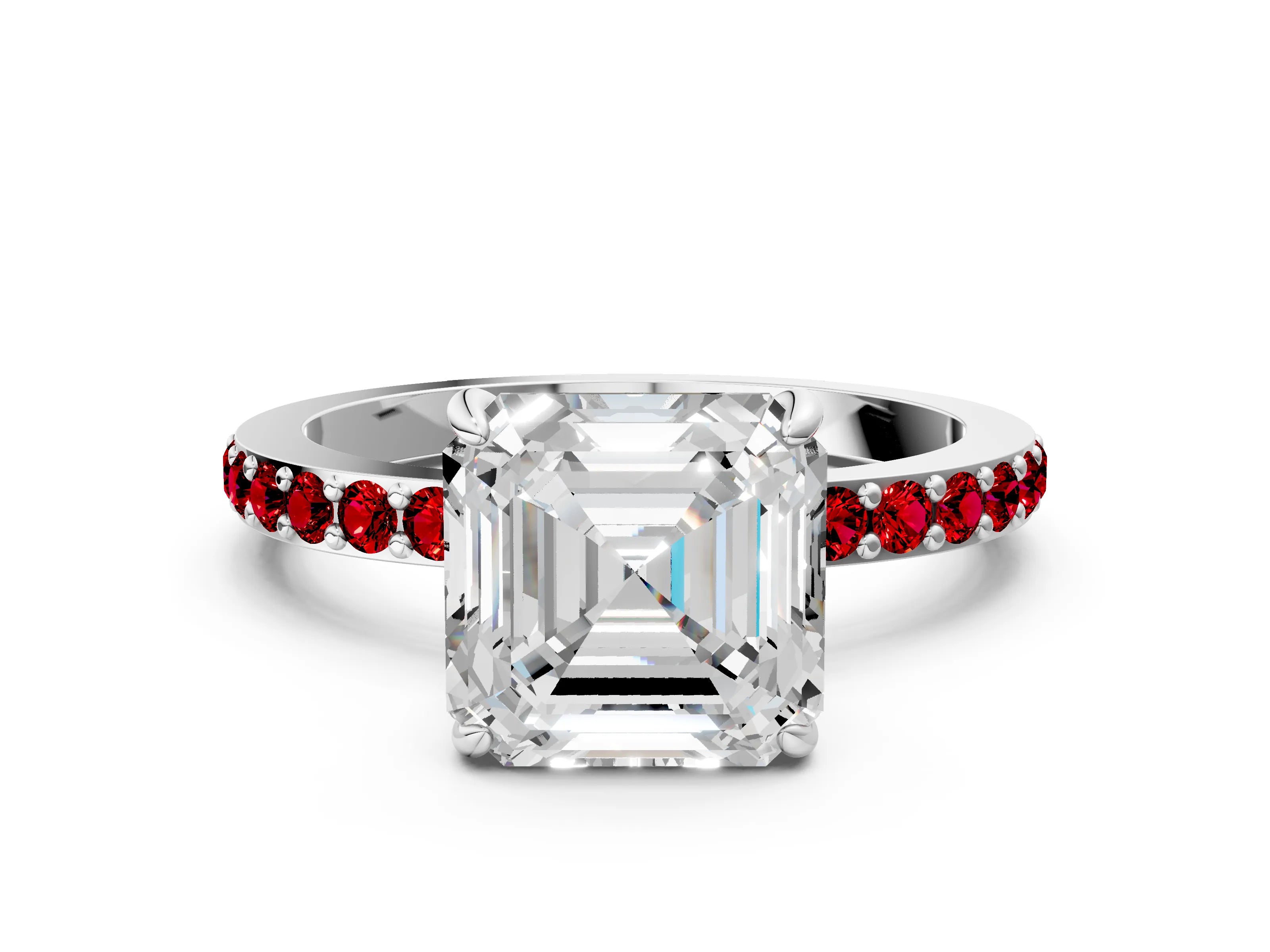 White gold Asscher Cut Diamond Pavé Engagement Ring with Round with Ruby side stone Accents and Prong Setting_12