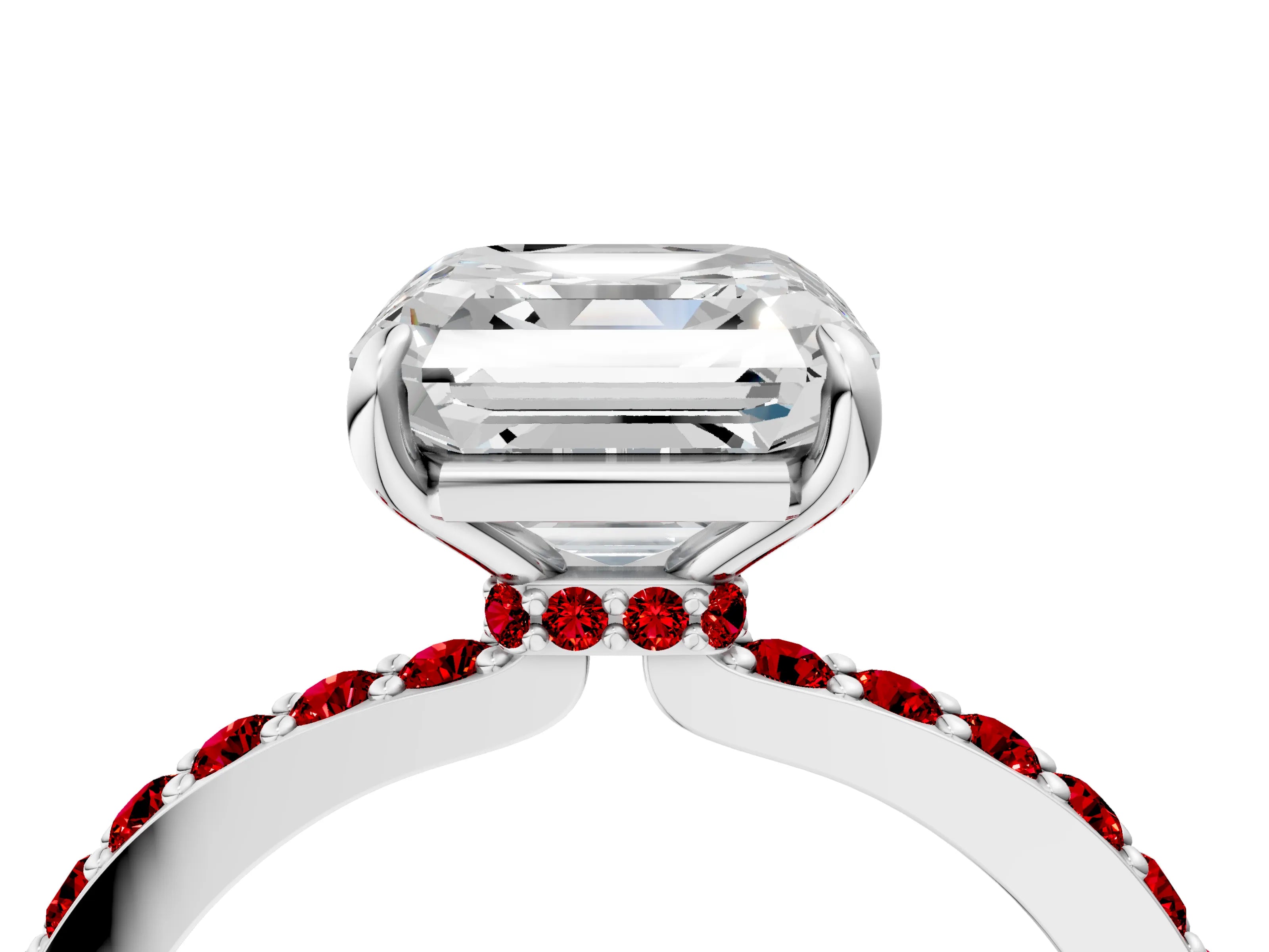 White gold Asscher Cut Diamond Pavé Engagement Ring with Round with Ruby side stone Accents and Prong Setting_16