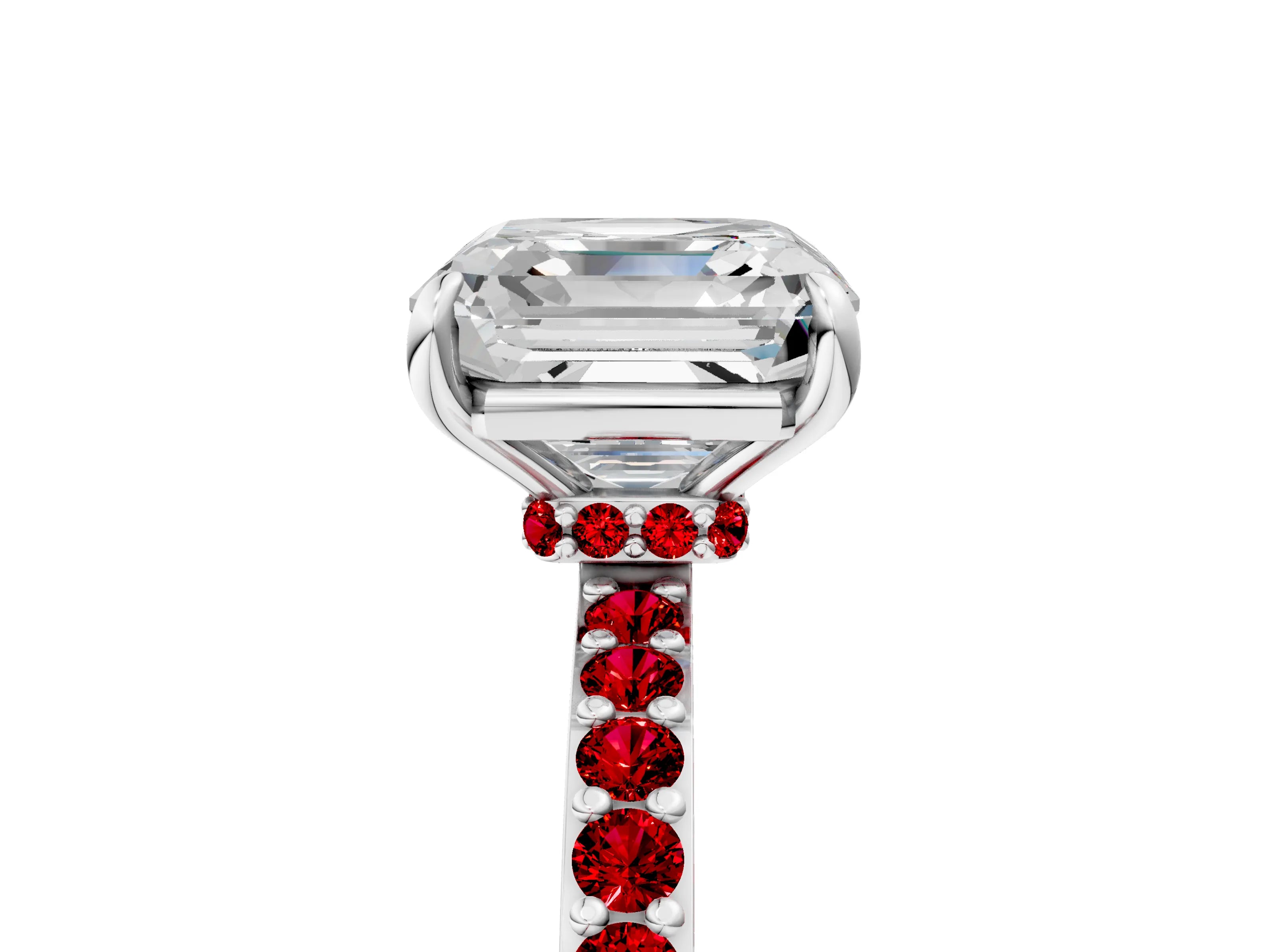 White gold Asscher Cut Diamond Pavé Engagement Ring with Round with Ruby side stone Accents and Prong Setting_17