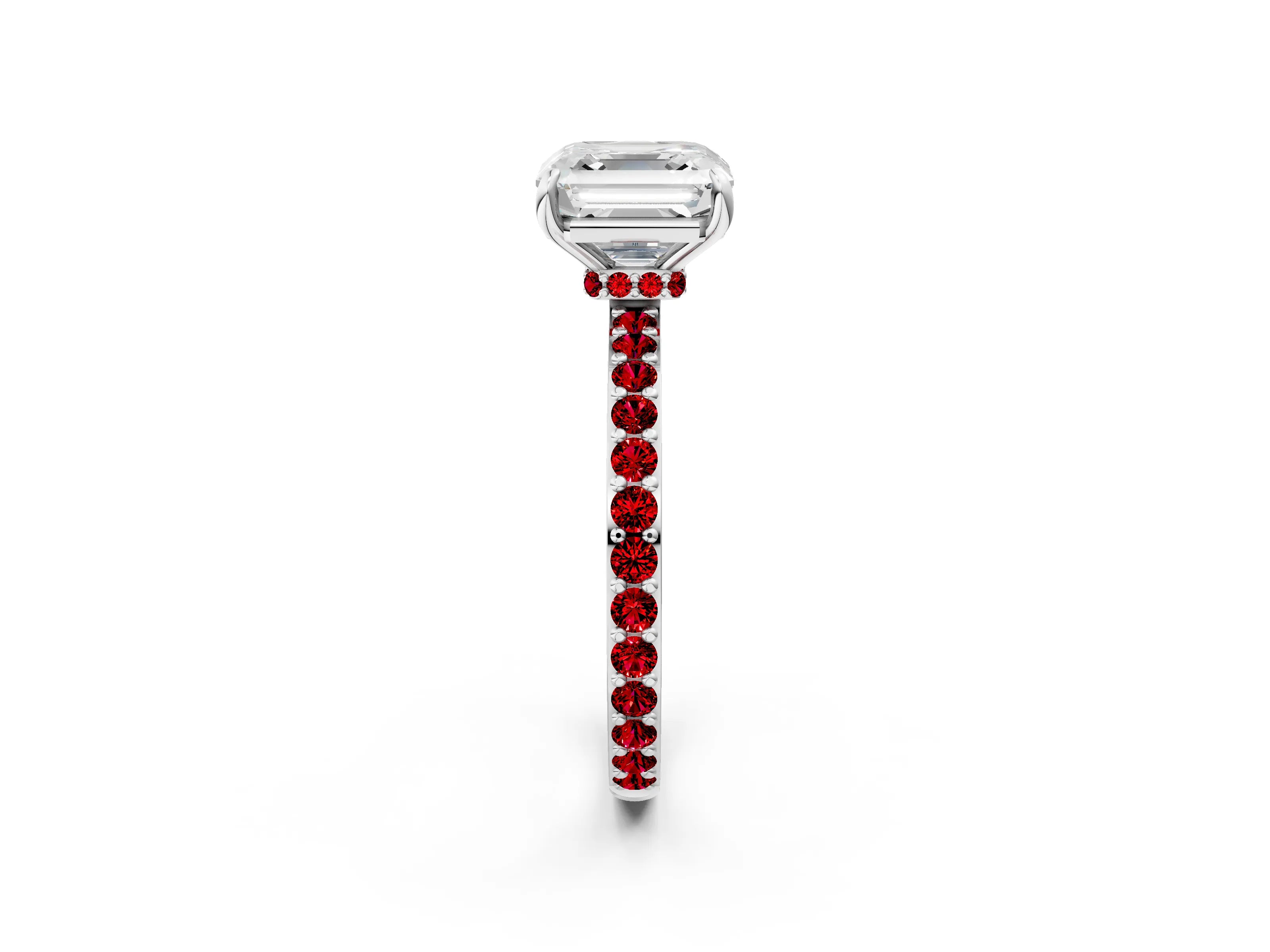 White gold Asscher Cut Diamond Pavé Engagement Ring with Round with Ruby side stone Accents and Prong Setting_2