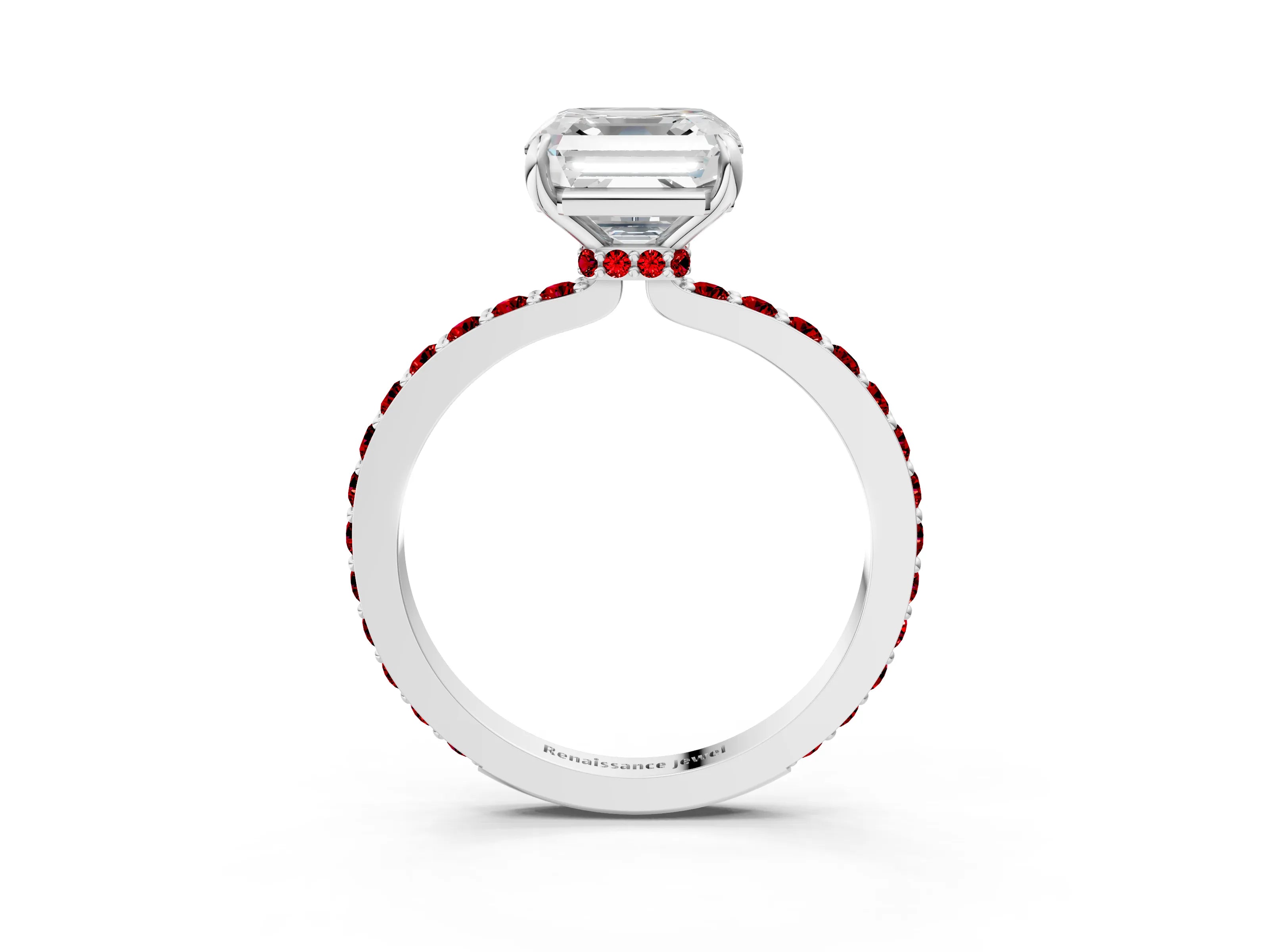 White gold Asscher Cut Diamond Pavé Engagement Ring with Round with Ruby side stone Accents and Prong Setting_3