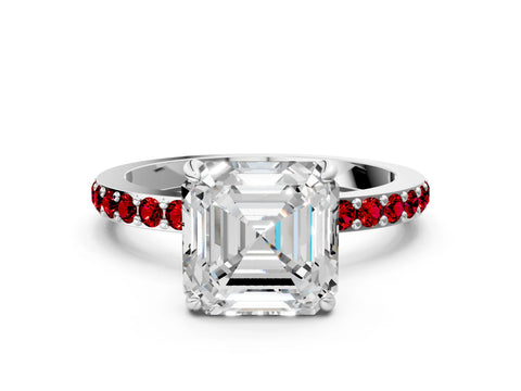 White gold Asscher Cut Diamond Pavé Engagement Ring with Round with Ruby side stone Accents and Prong Setting