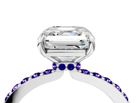 White gold Asscher Cut Diamond Pavé Engagement Ring with Round with Tanzanite side stone Accents and Prong Setting_10