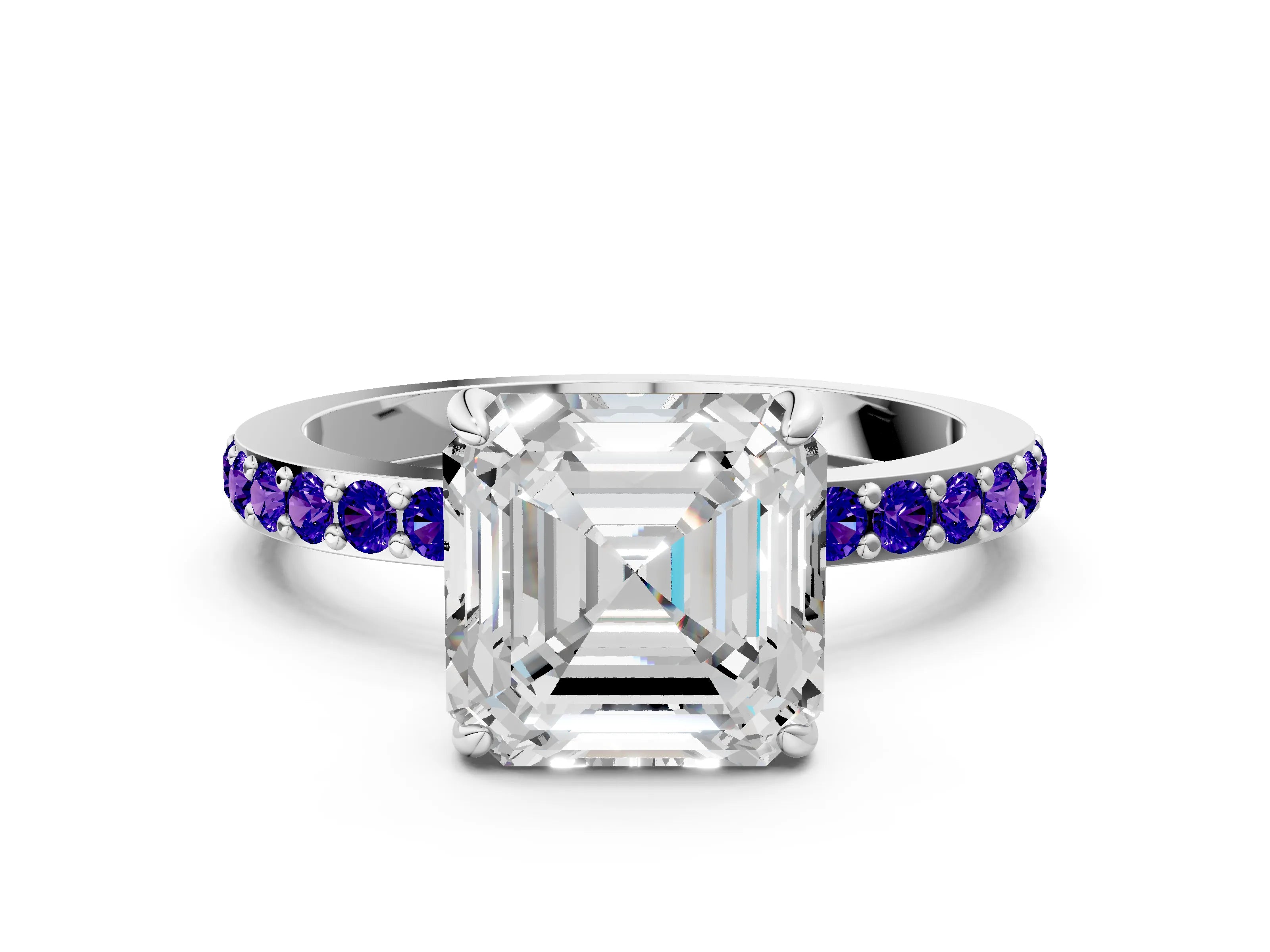 White gold Asscher Cut Diamond Pavé Engagement Ring with Round with Tanzanite side stone Accents and Prong Setting_12