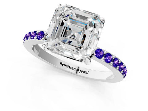 White gold Asscher Cut Diamond Pavé Engagement Ring with Round with Tanzanite side stone Accents and Prong Setting_13