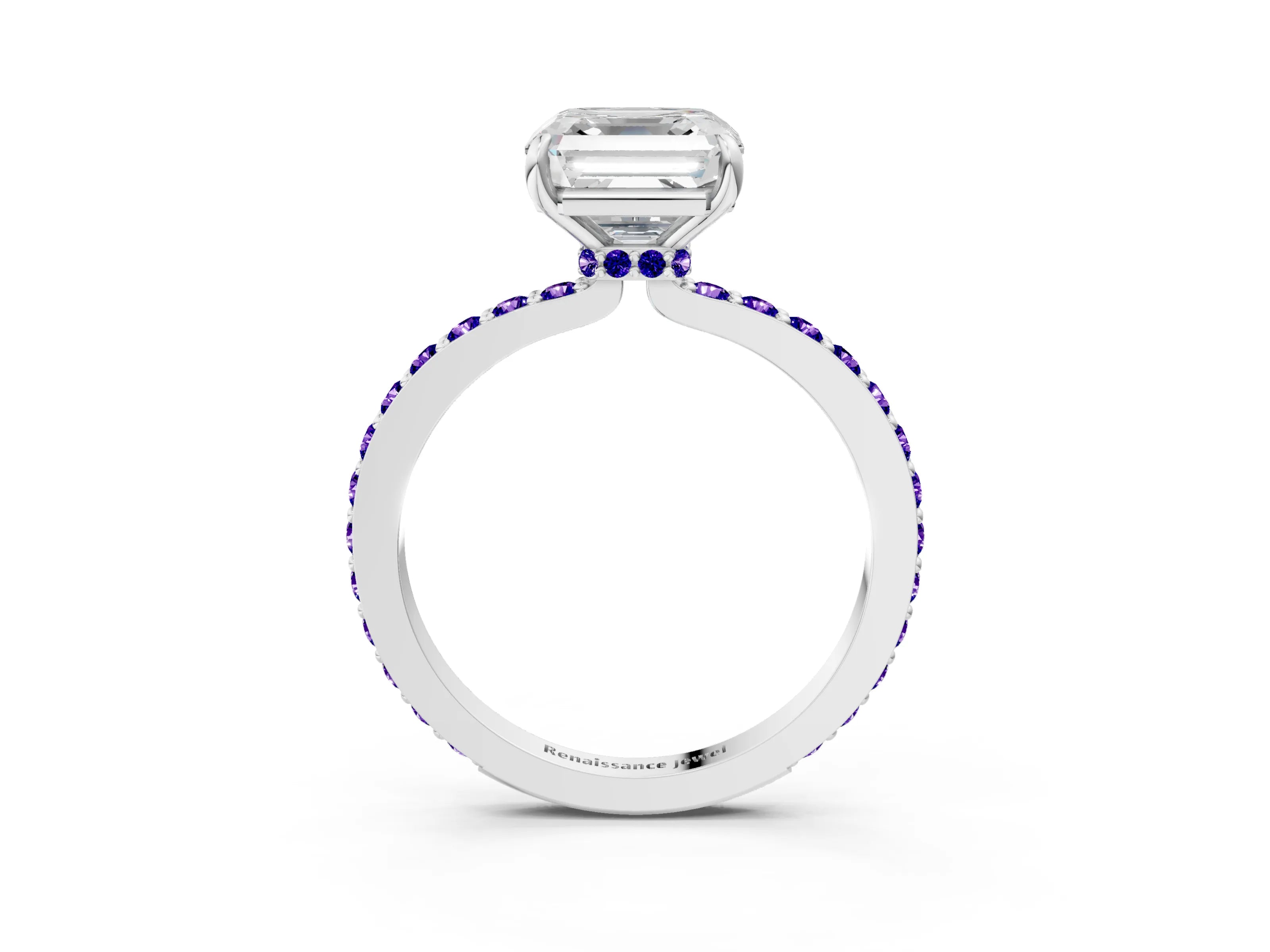 White gold Asscher Cut Diamond Pavé Engagement Ring with Round with Tanzanite side stone Accents and Prong Setting_15