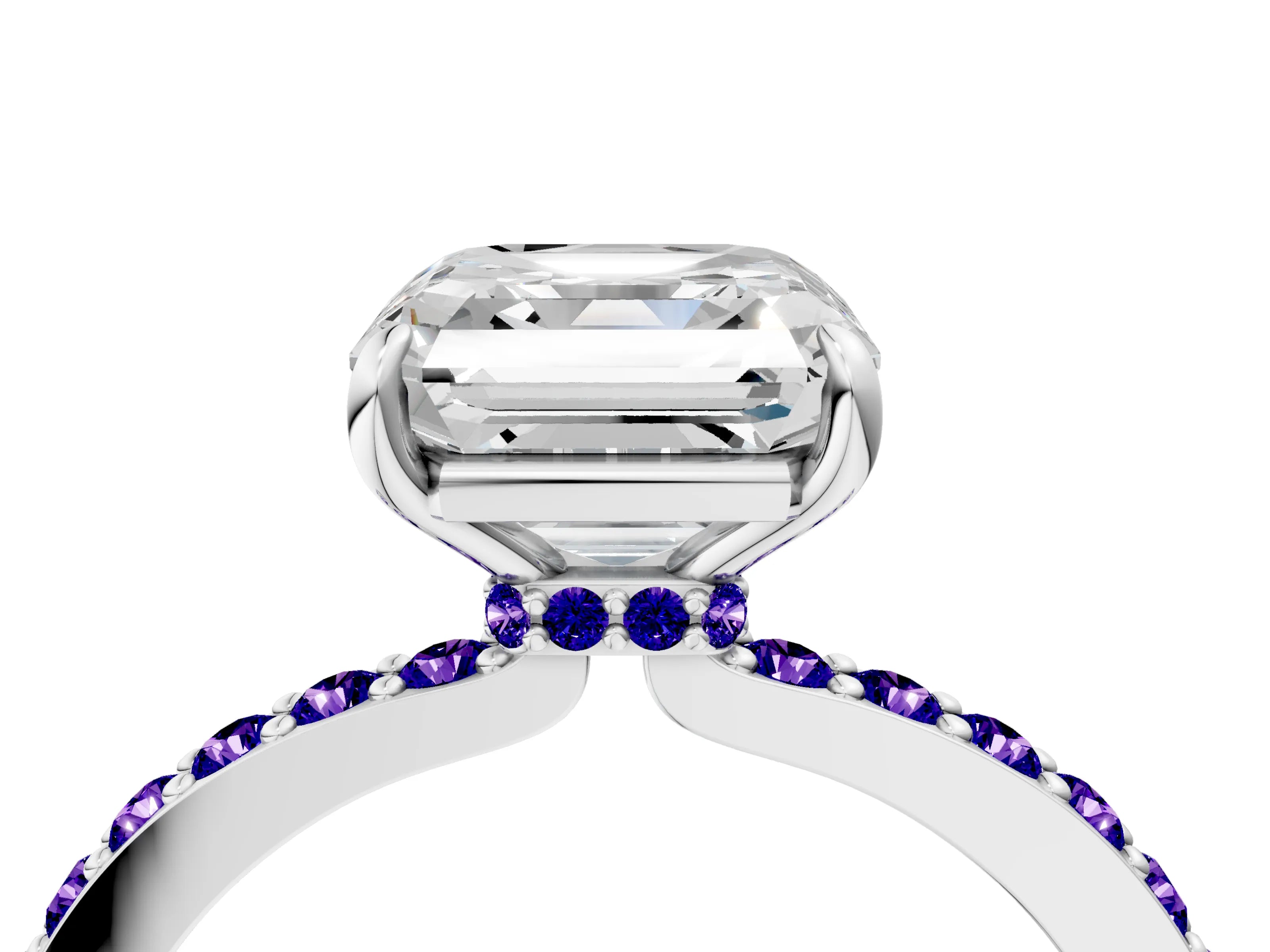 White gold Asscher Cut Diamond Pavé Engagement Ring with Round with Tanzanite side stone Accents and Prong Setting_16
