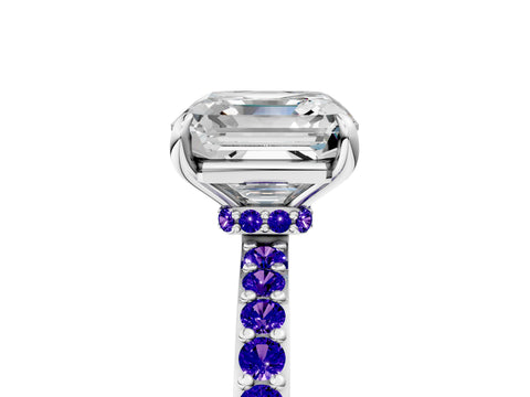 White gold Asscher Cut Diamond Pavé Engagement Ring with Round with Tanzanite side stone Accents and Prong Setting_17