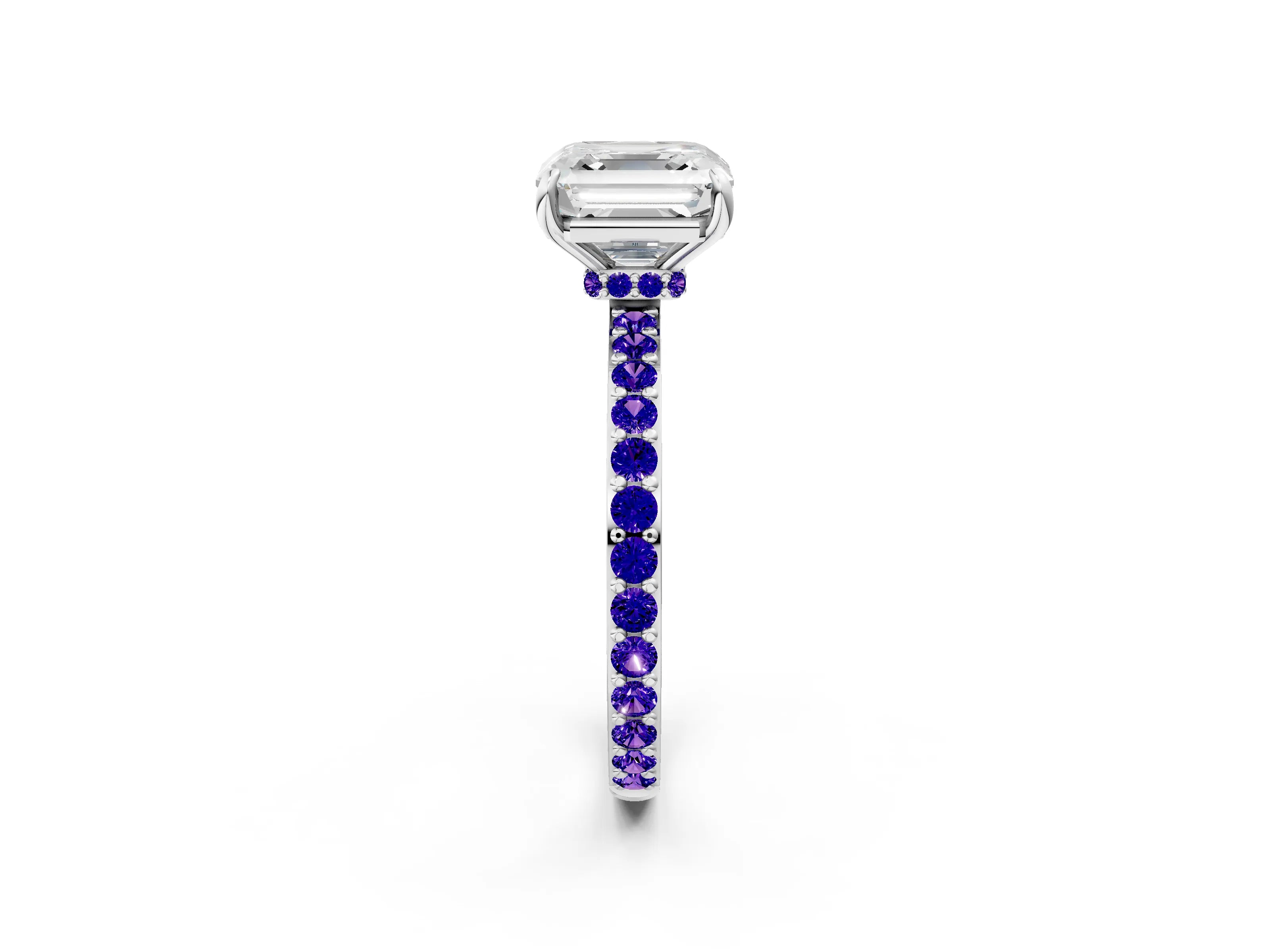 White gold Asscher Cut Diamond Pavé Engagement Ring with Round with Tanzanite side stone Accents and Prong Setting_2