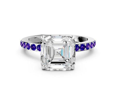 White gold Asscher Cut Diamond Pavé Engagement Ring with Round with Tanzanite side stone Accents and Prong Setting_24