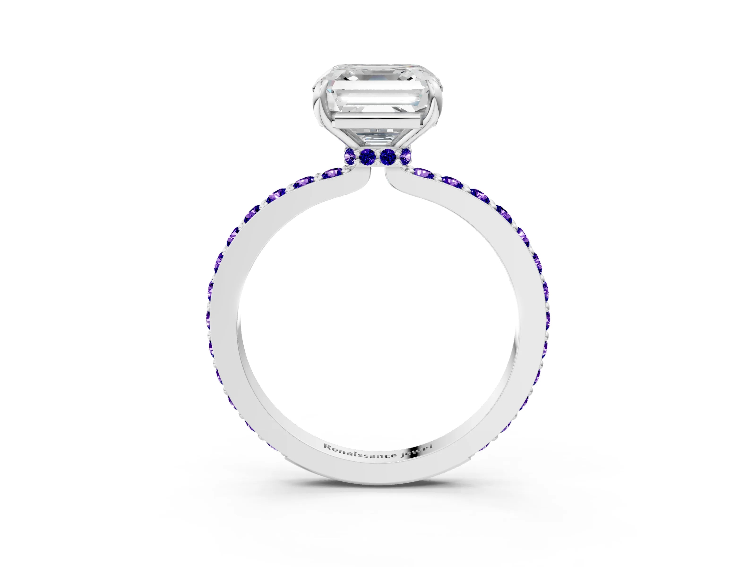 White gold Asscher Cut Diamond Pavé Engagement Ring with Round with Tanzanite side stone Accents and Prong Setting_27