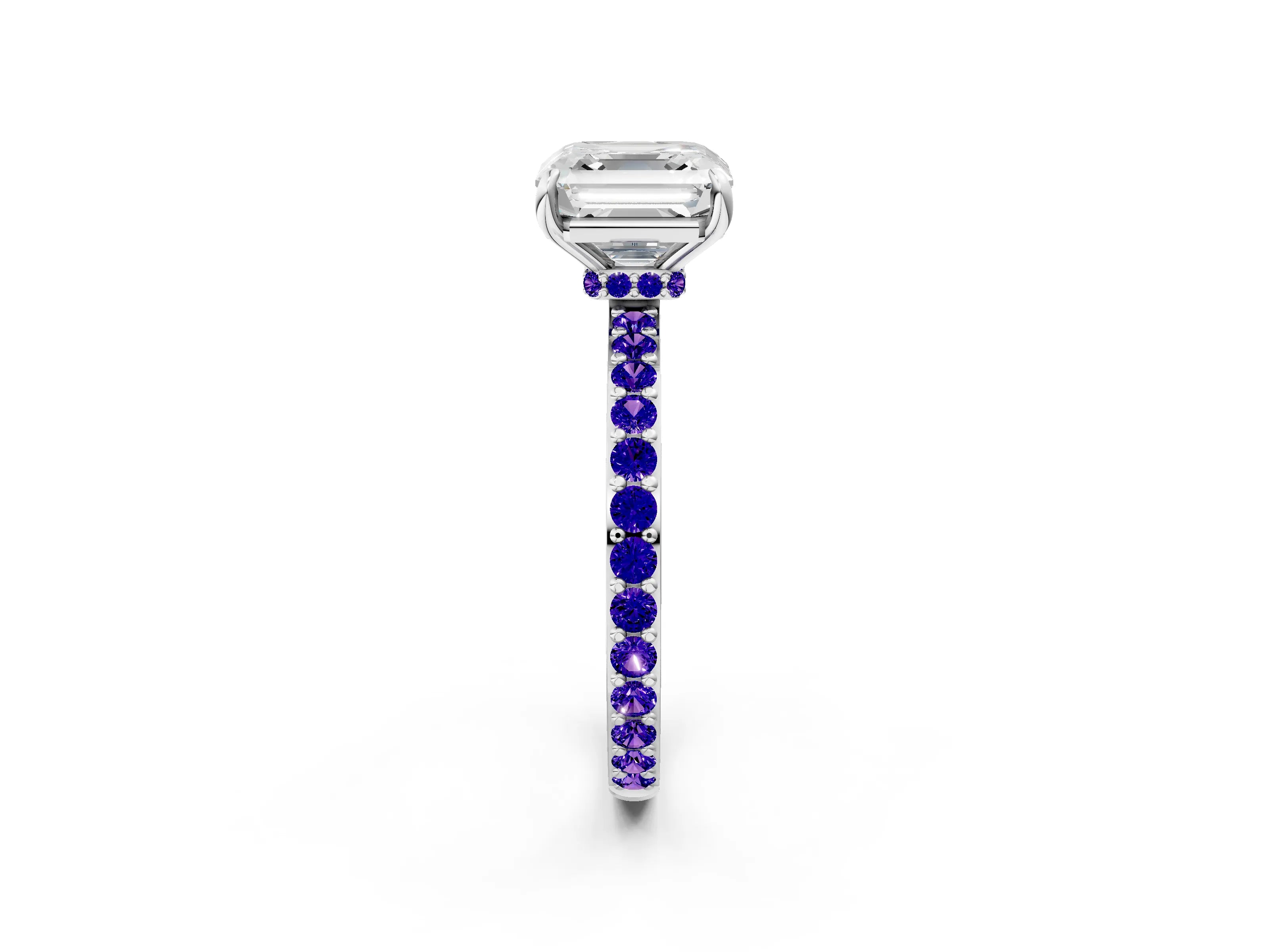 White gold Asscher Cut Diamond Pavé Engagement Ring with Round with Tanzanite side stone Accents and Prong Setting_2
