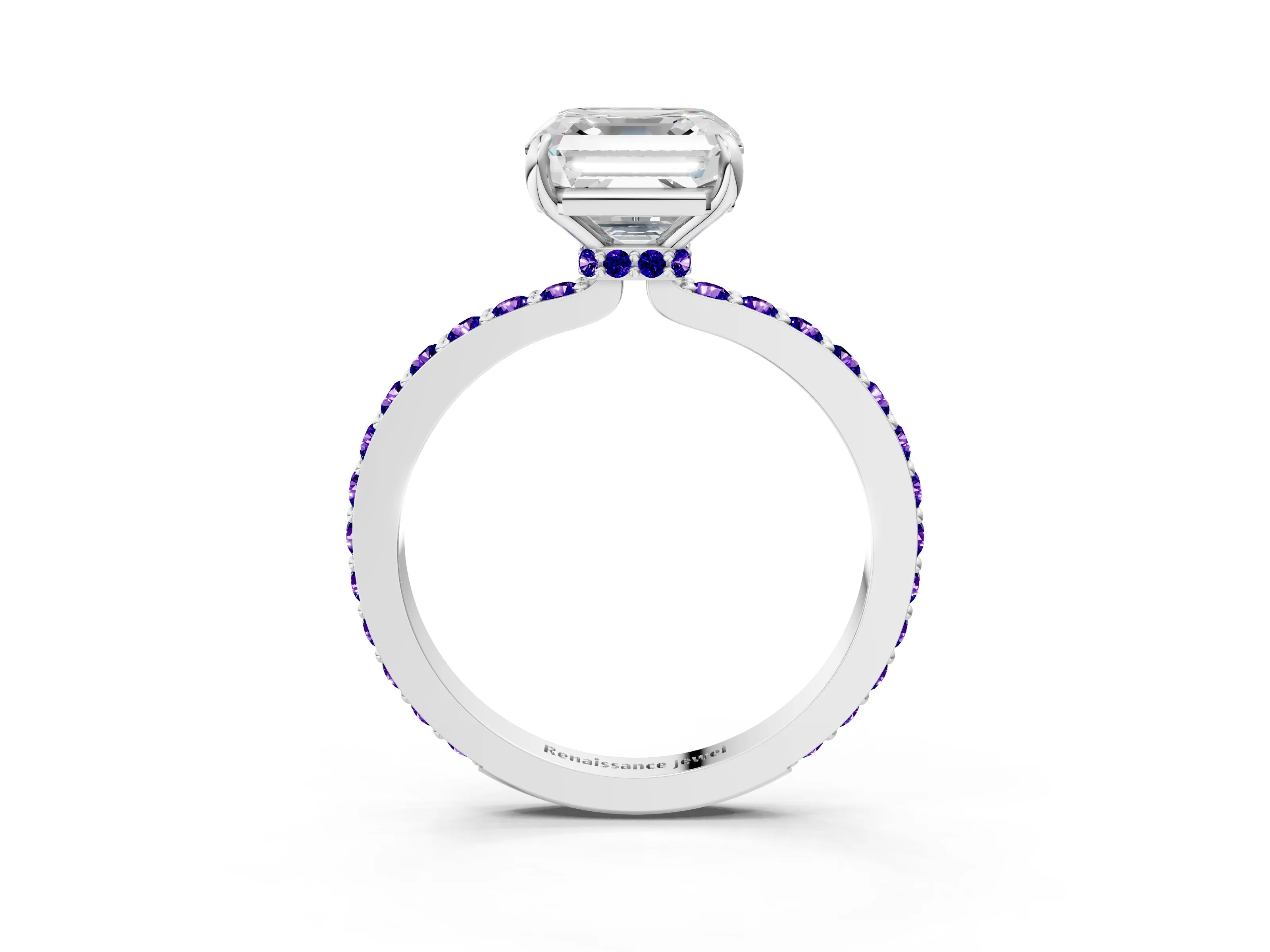 White gold Asscher Cut Diamond Pavé Engagement Ring with Round with Tanzanite side stone Accents and Prong Setting_3