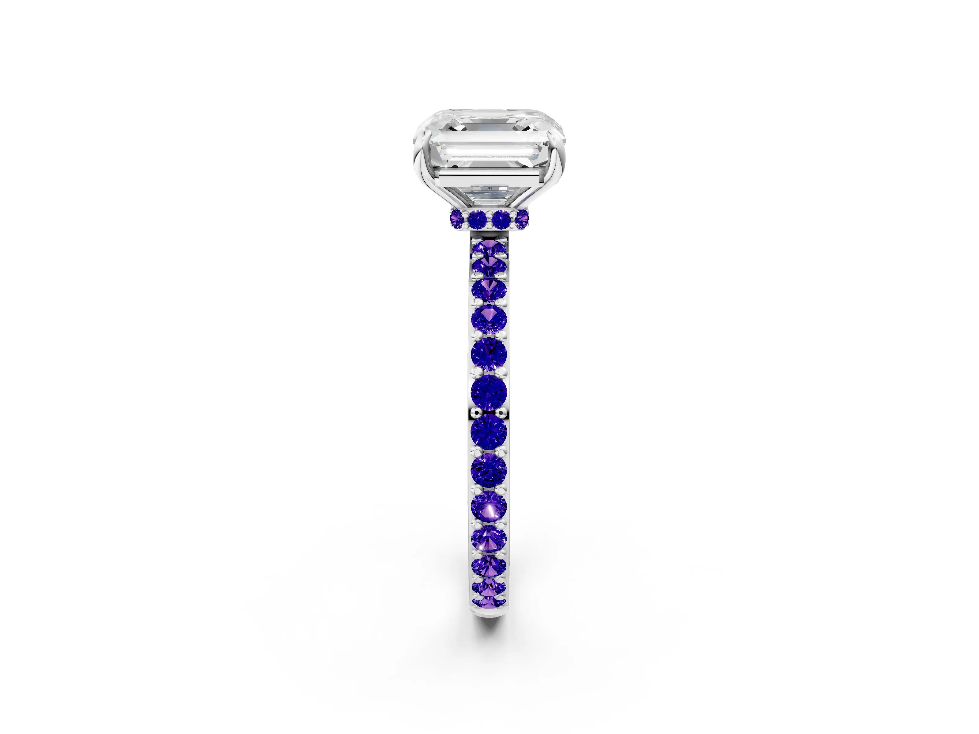 White gold Asscher Cut Diamond Pavé Engagement Ring with Round with Tanzanite side stone Accents and Prong Setting_32
