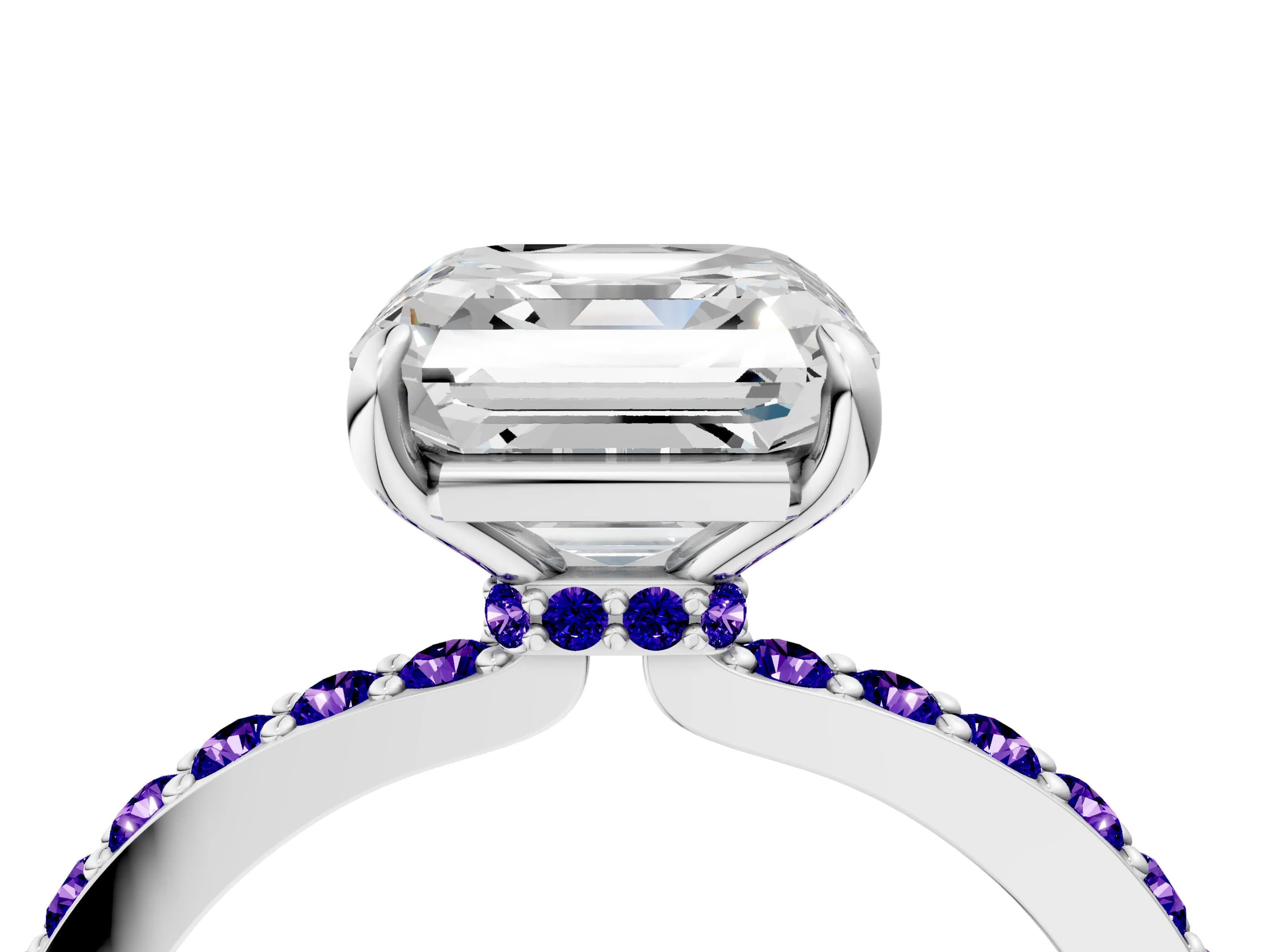 White gold Asscher Cut Diamond Pavé Engagement Ring with Round with Tanzanite side stone Accents and Prong Setting_4