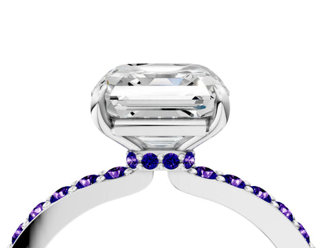White gold Asscher Cut Diamond Pavé Engagement Ring with Round with Tanzanite side stone Accents and Prong Setting_4