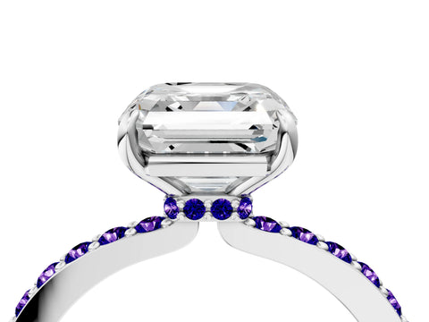 White gold Asscher Cut Diamond Pavé Engagement Ring with Round with Tanzanite side stone Accents and Prong Setting_4