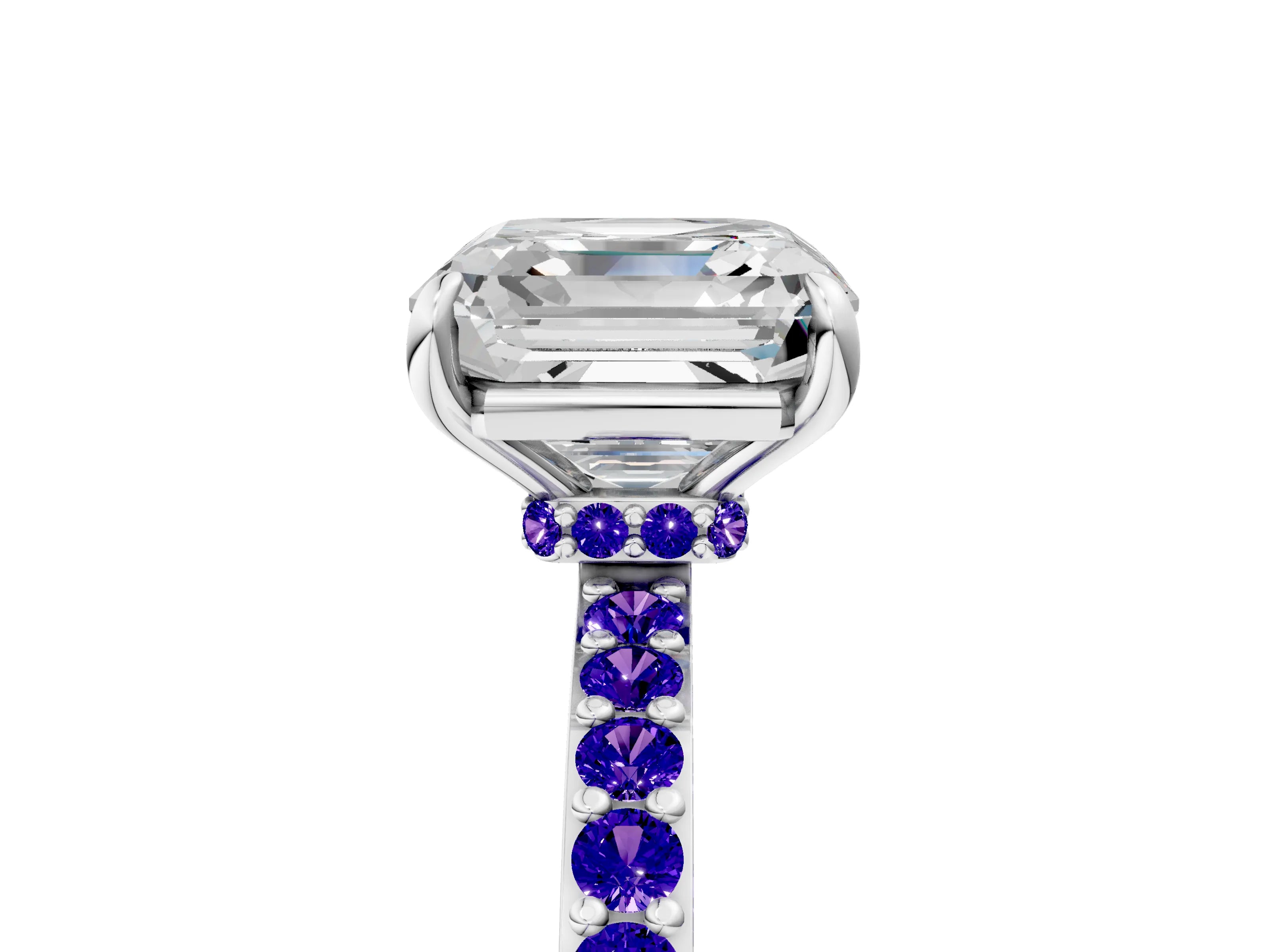White gold Asscher Cut Diamond Pavé Engagement Ring with Round with Tanzanite side stone Accents and Prong Setting_5