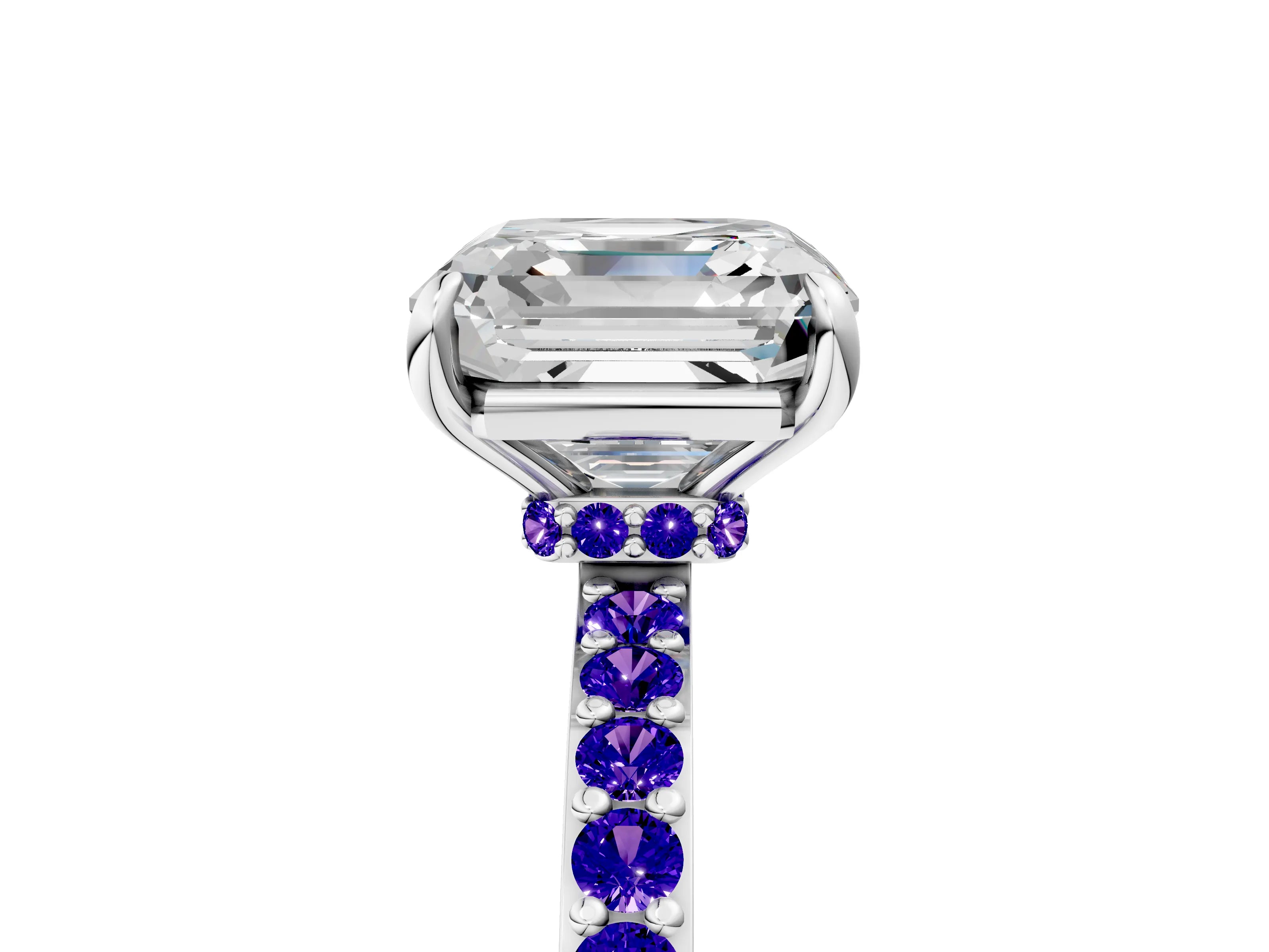 White gold Asscher Cut Diamond Pavé Engagement Ring with Round with Tanzanite side stone Accents and Prong Setting_5