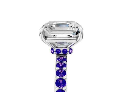 White gold Asscher Cut Diamond Pavé Engagement Ring with Round with Tanzanite side stone Accents and Prong Setting_5