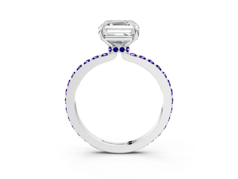 White gold Asscher Cut Diamond Pavé Engagement Ring with Round with Tanzanite side stone Accents and Prong Setting_9