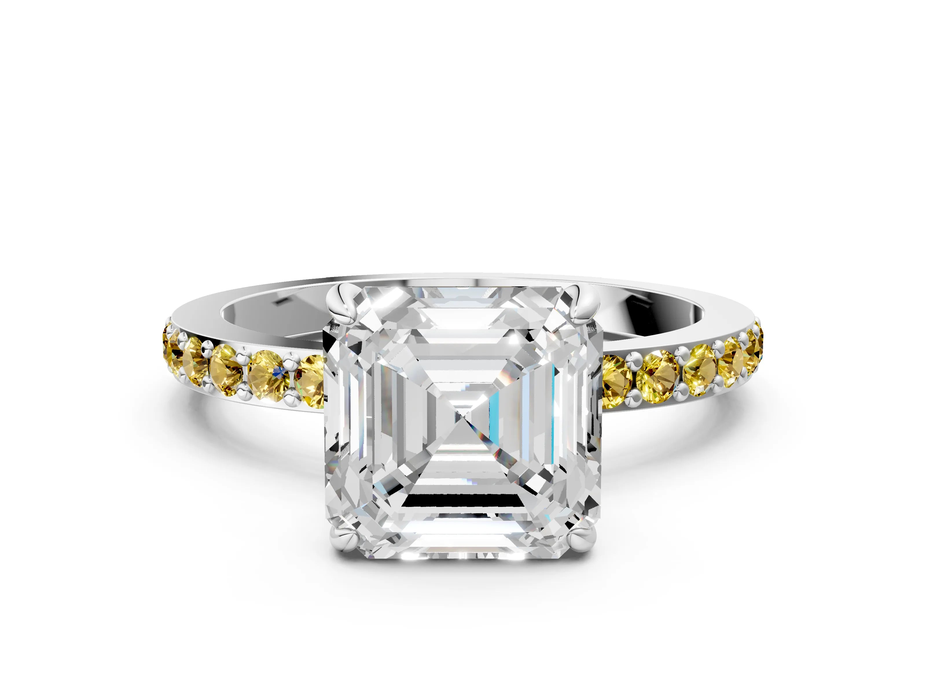 White gold Asscher Cut Diamond Pavé Engagement Ring with Round with Yellow Sapphire side stone Accents and Prong Setting