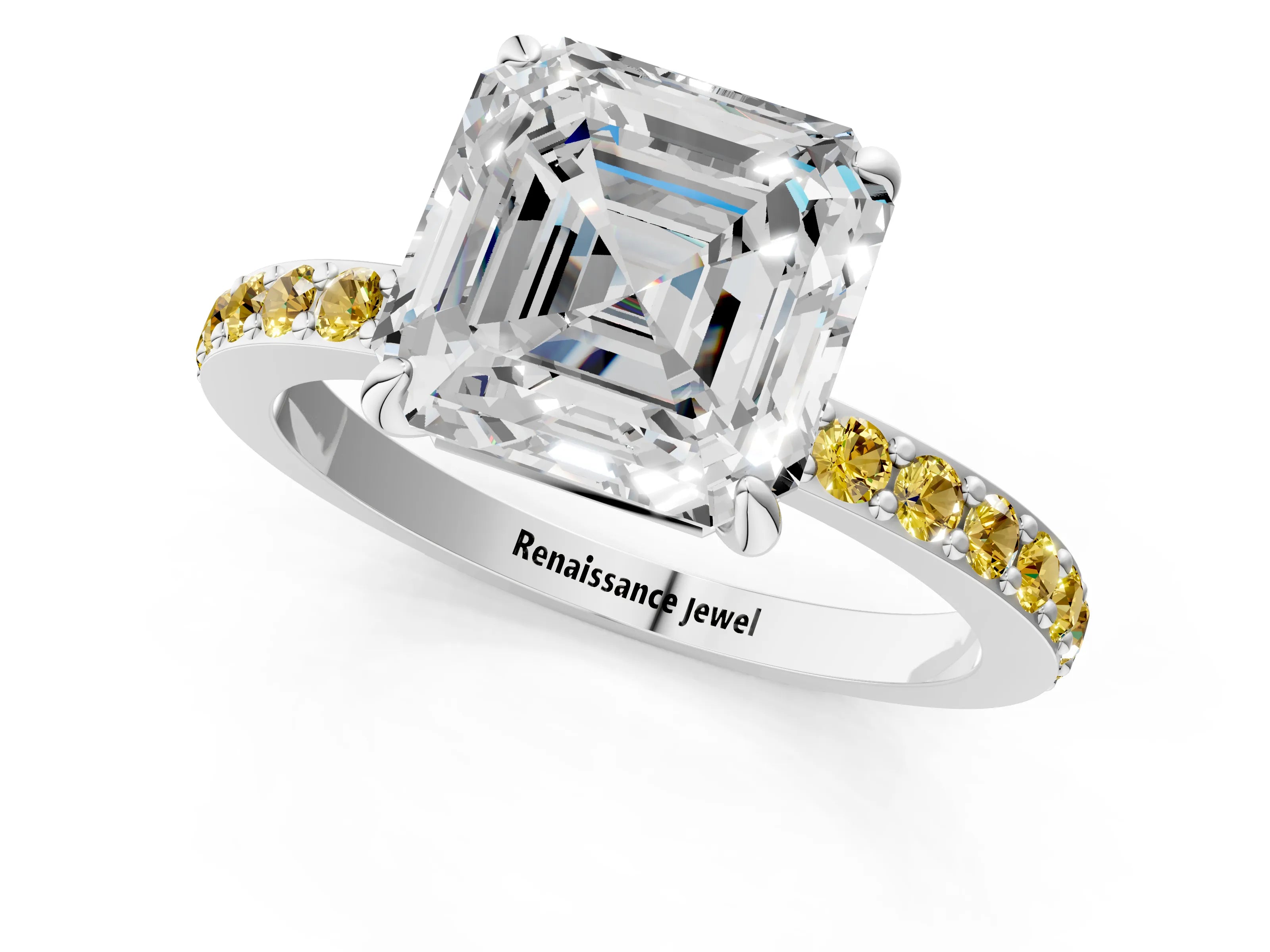 White gold Asscher Cut Diamond Pavé Engagement Ring with Round with Yellow Sapphire side stone Accents and Prong Setting_1