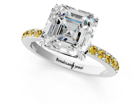 White gold Asscher Cut Diamond Pavé Engagement Ring with Round with Yellow Sapphire side stone Accents and Prong Setting_1