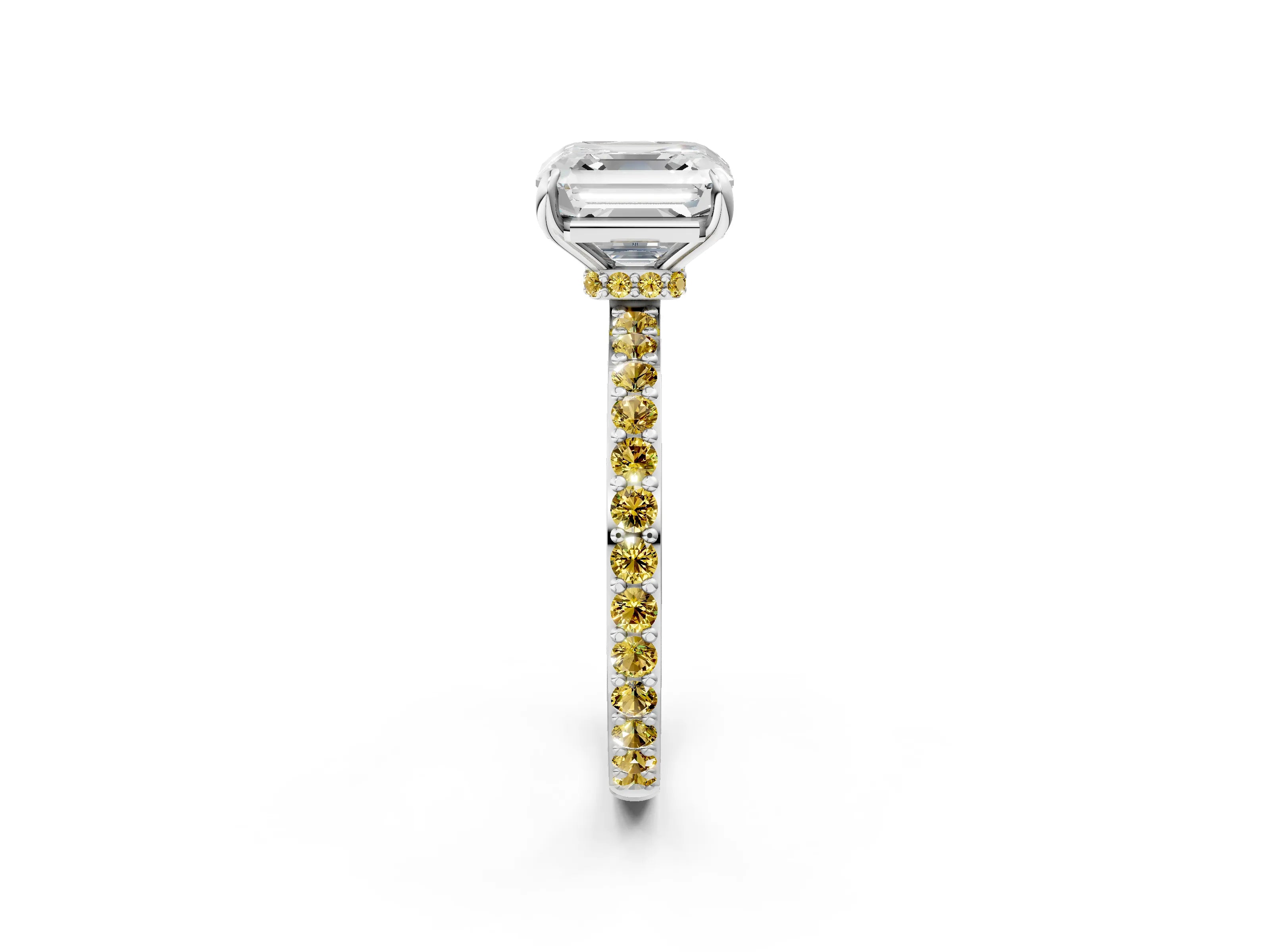 White gold Asscher Cut Diamond Pavé Engagement Ring with Round with Yellow Sapphire side stone Accents and Prong Setting_2